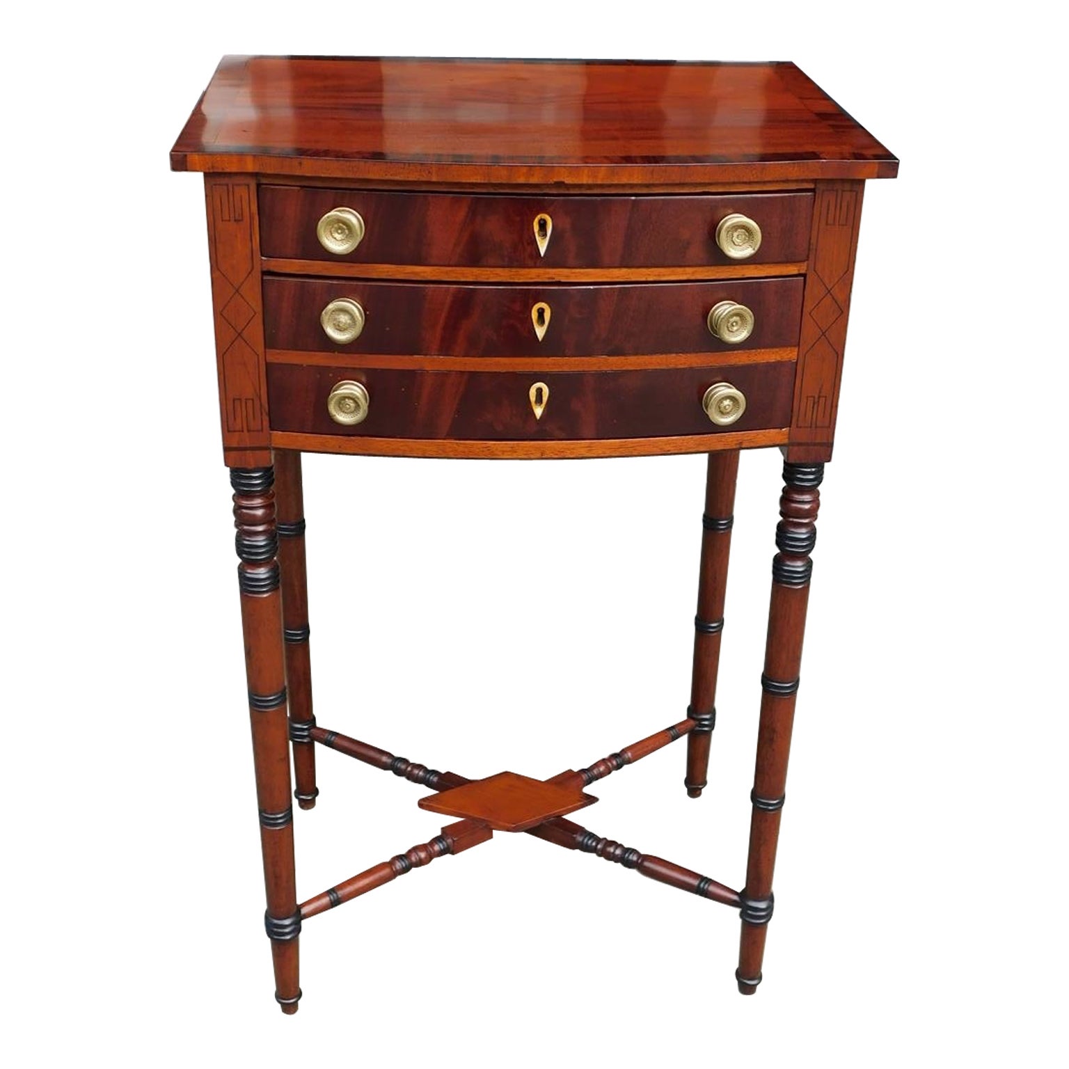 English Regency Mahogany Bow Front Inlaid Side Table w/ Cross Stretchers, C 1810