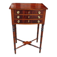 Antique English Regency Mahogany Bow Front Inlaid Side Table w/ Cross Stretchers, C 1810