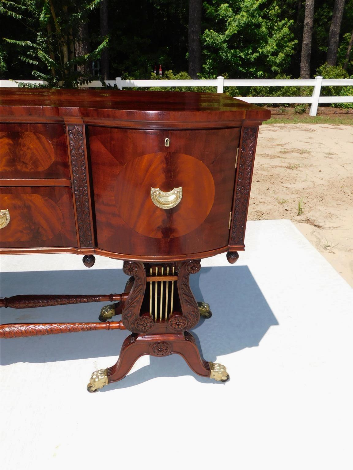 Hand-Carved English Regency Mahogany Bow Front Lyre Sideboard on Paw Casters, T. Hope C 1800 For Sale