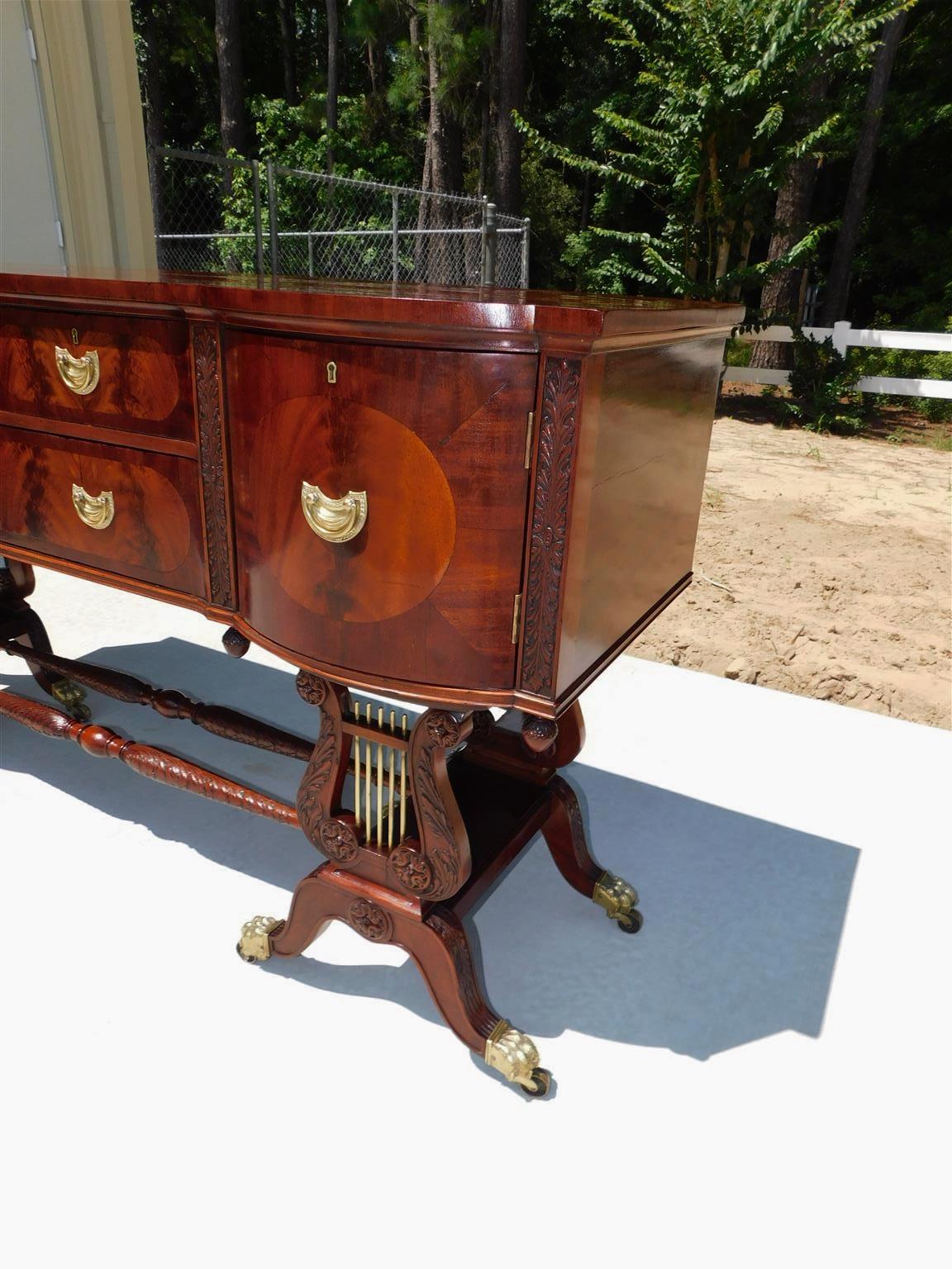 Brass English Regency Mahogany Bow Front Lyre Sideboard on Paw Casters, T. Hope C 1800 For Sale