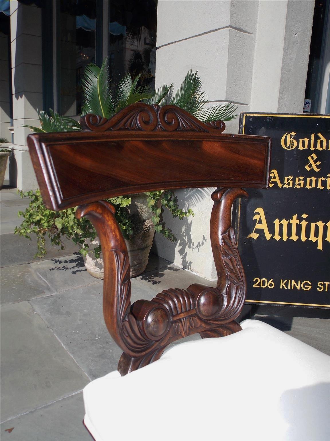 Early 19th Century English Regency Mahogany Carved Acanthus Stylized Lyre Hall Bench, Circa 1815