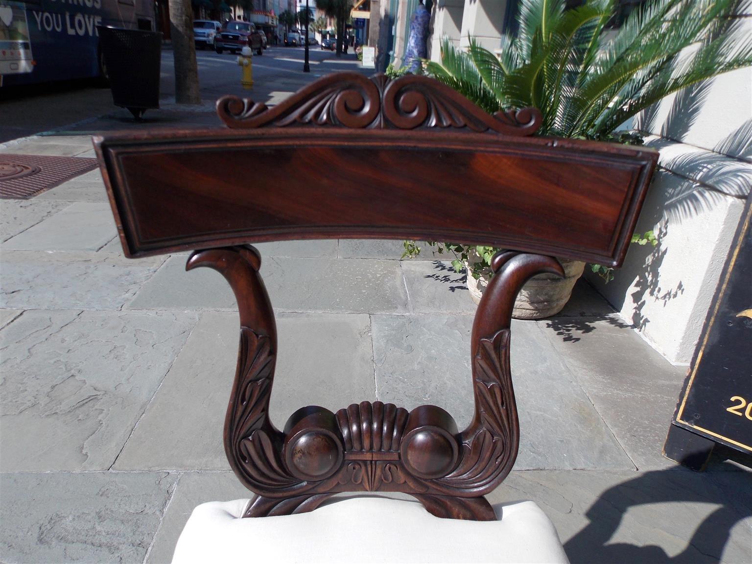Cotton English Regency Mahogany Carved Acanthus Stylized Lyre Hall Bench, Circa 1815