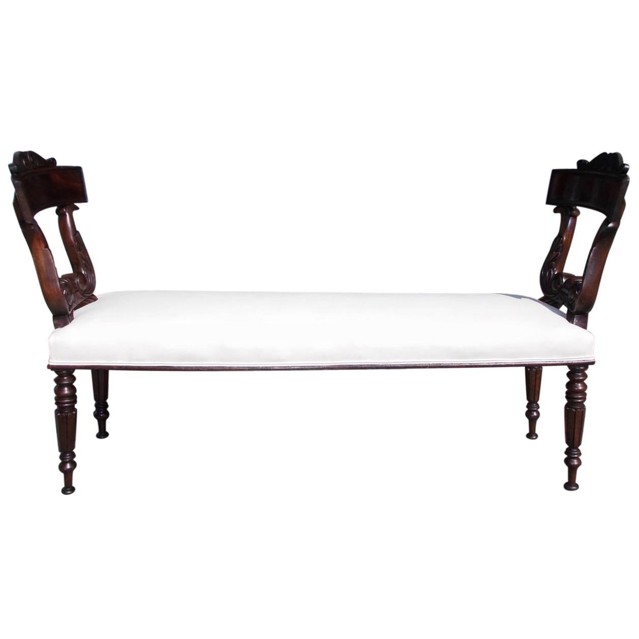 English Regency Mahogany Carved Acanthus Stylized Lyre Hall Bench, Circa 1815