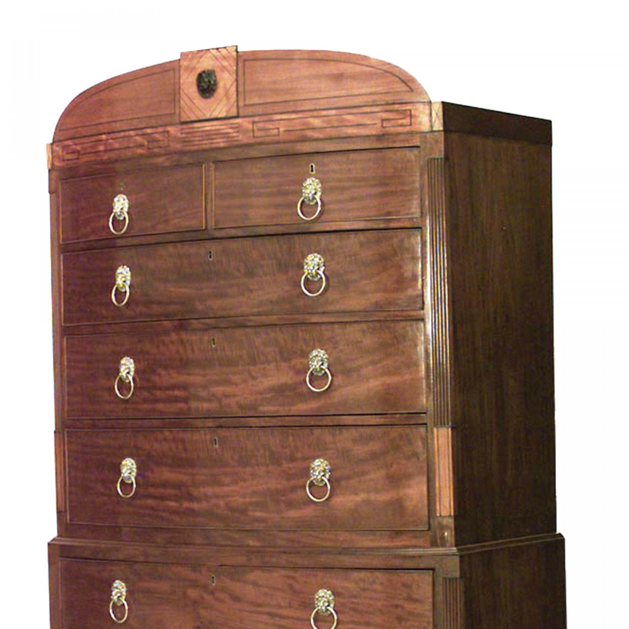 Ebanizzato English Regency Mahogany Chest with Inlaid Pediment Top in vendita