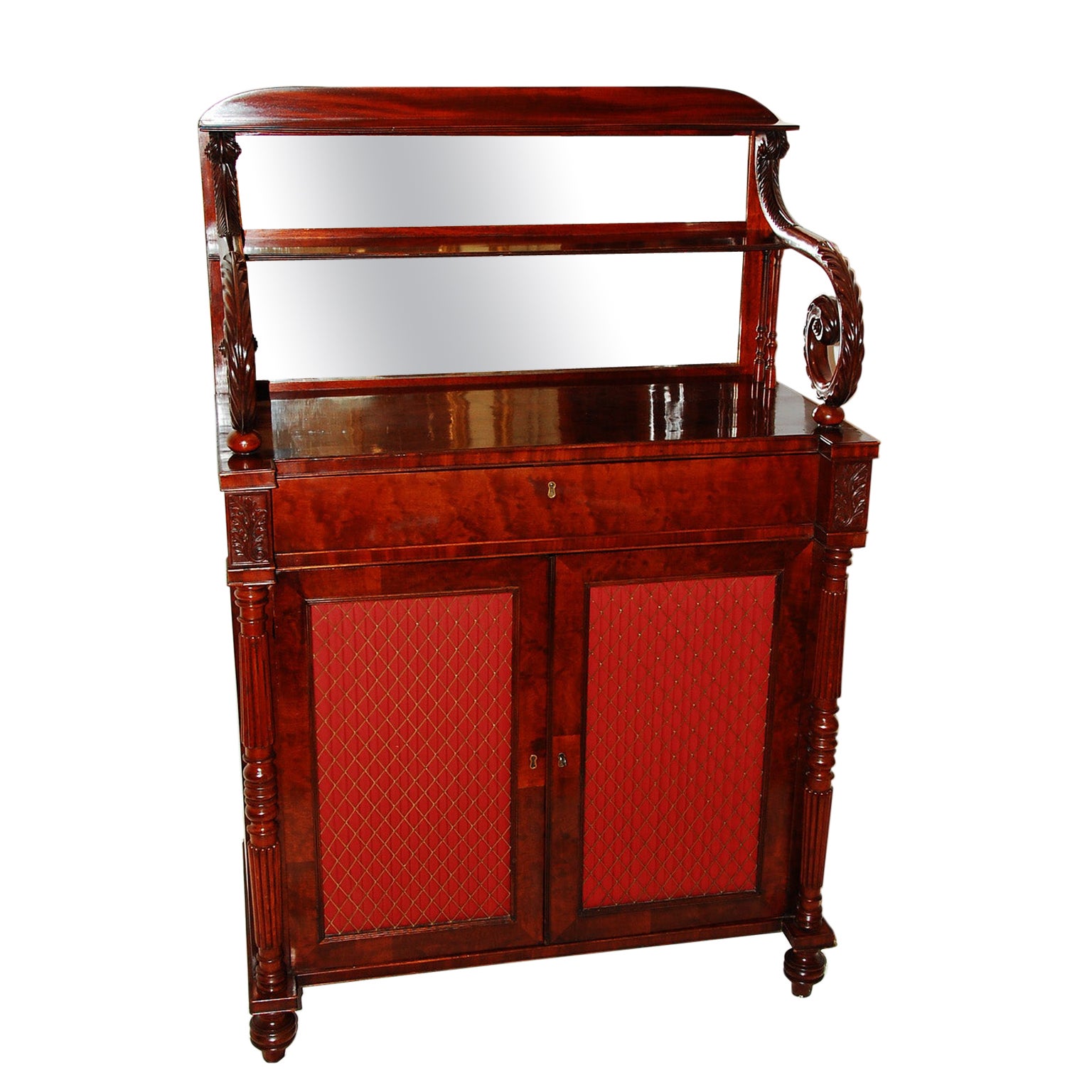 English Regency Mahogany Chiffonier Carved Columns and Scrolls, Mirrored Back For Sale