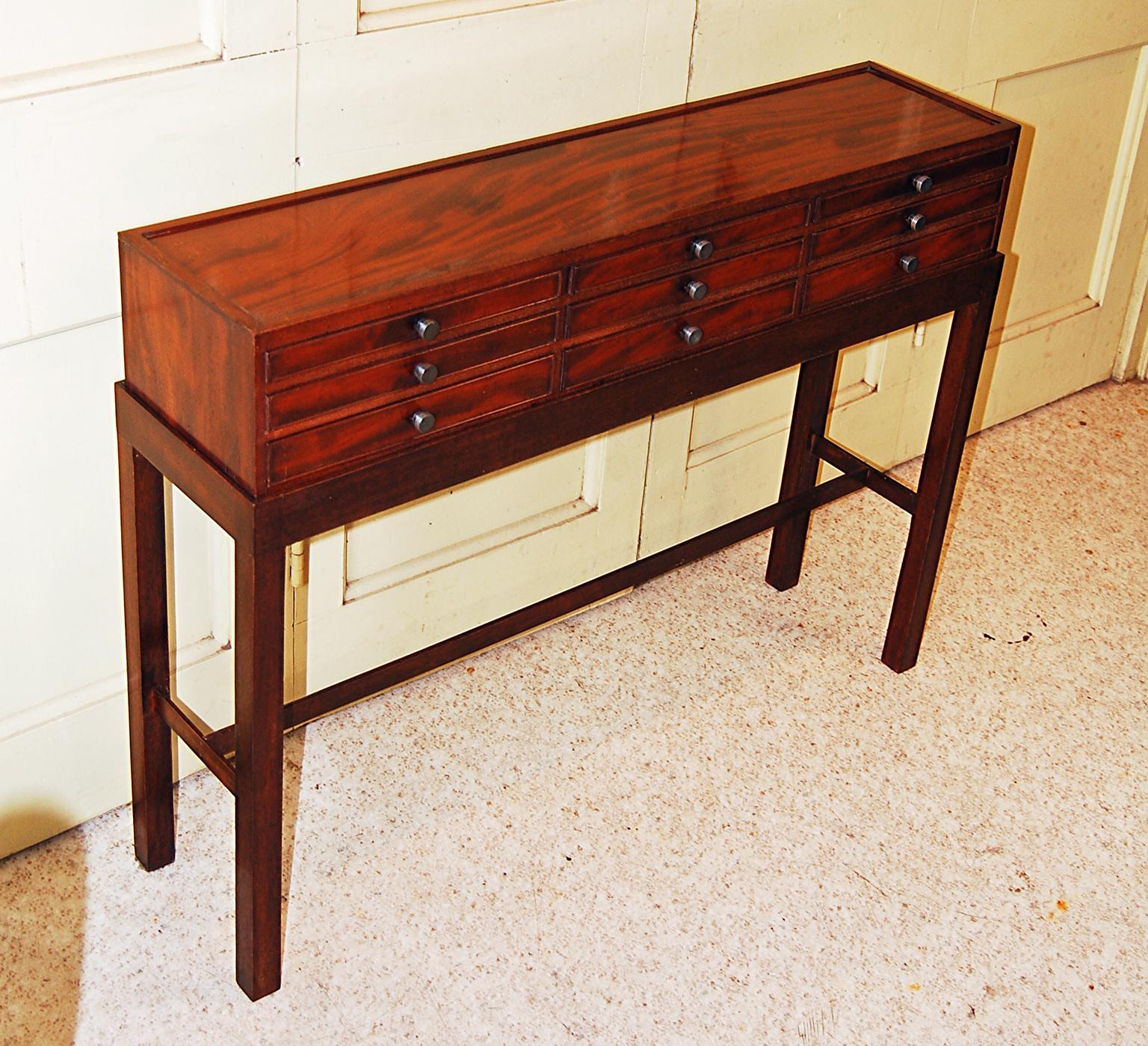 English Regency Mahogany Collectors Drawers now on Custom Built Mahogany Stand In Good Condition For Sale In Wells, ME