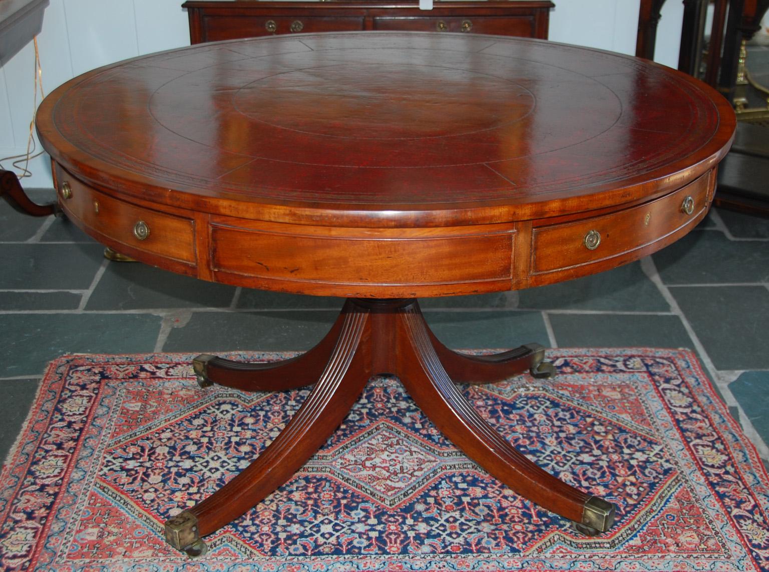 English Regency Mahogany Drum or Library Table with Leather Inset, Pedestal Base In Good Condition In Wells, ME