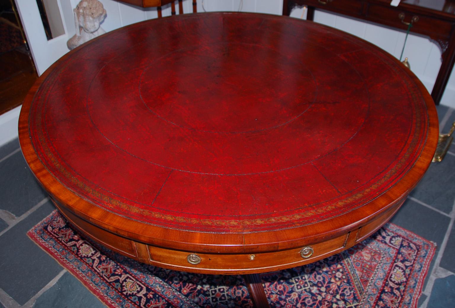 19th Century English Regency Mahogany Drum or Library Table with Leather Inset, Pedestal Base