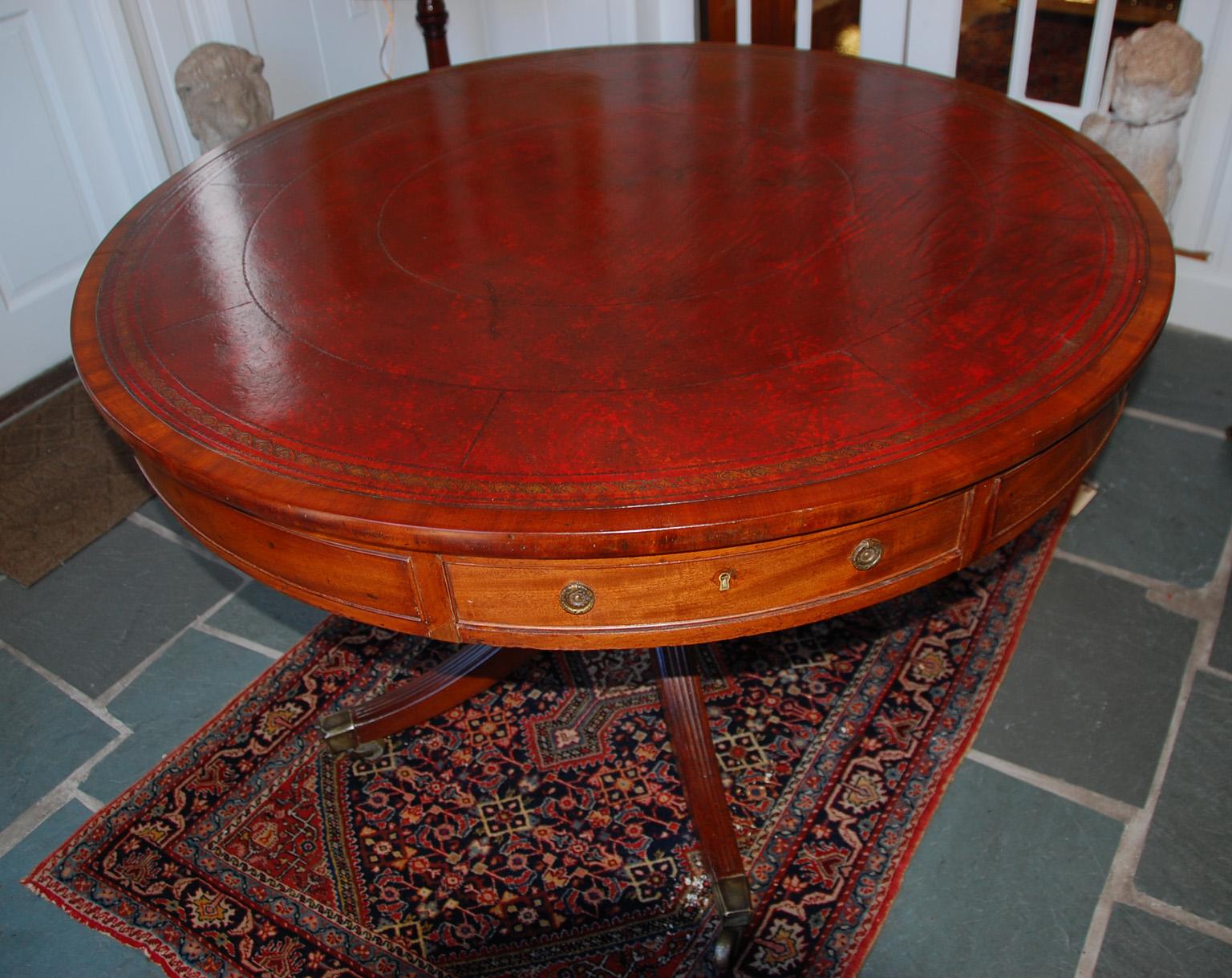 English Regency Mahogany Drum or Library Table with Leather Inset, Pedestal Base 2