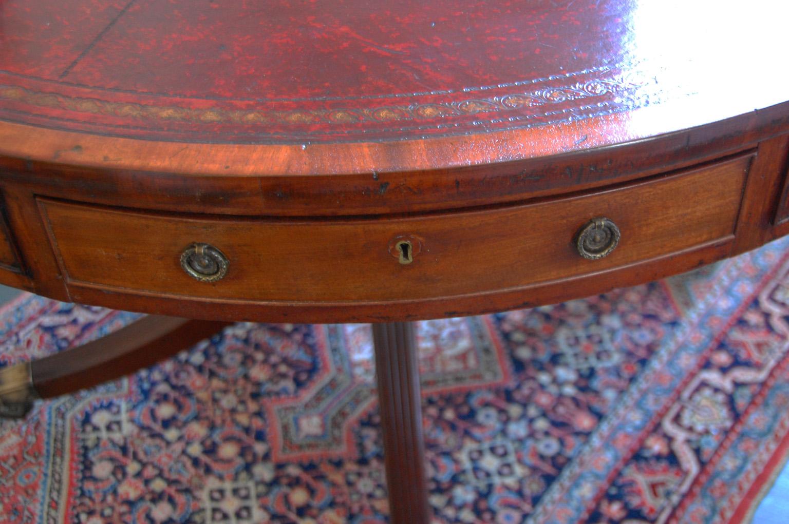 English Regency Mahogany Drum or Library Table with Leather Inset, Pedestal Base 3