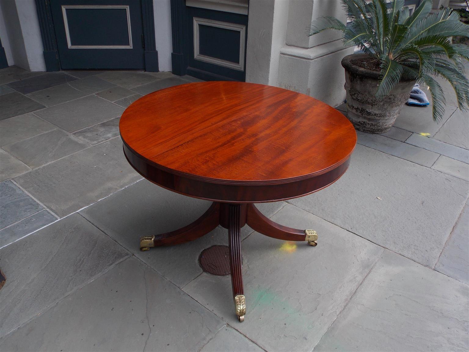 Hand-Carved English Regency Mahogany Drum Table with Original Acanthus Brass Casters C. 1815 For Sale