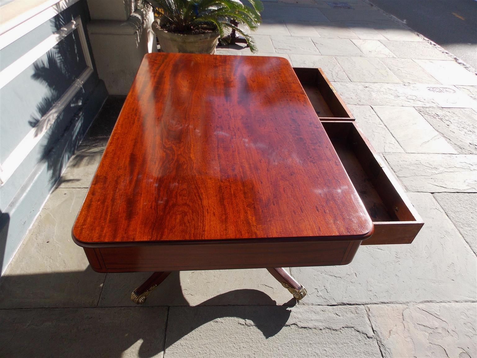 Hand-Carved English Regency Mahogany Ebony Inlaid Two-Drawer Library Table, Circa 1800