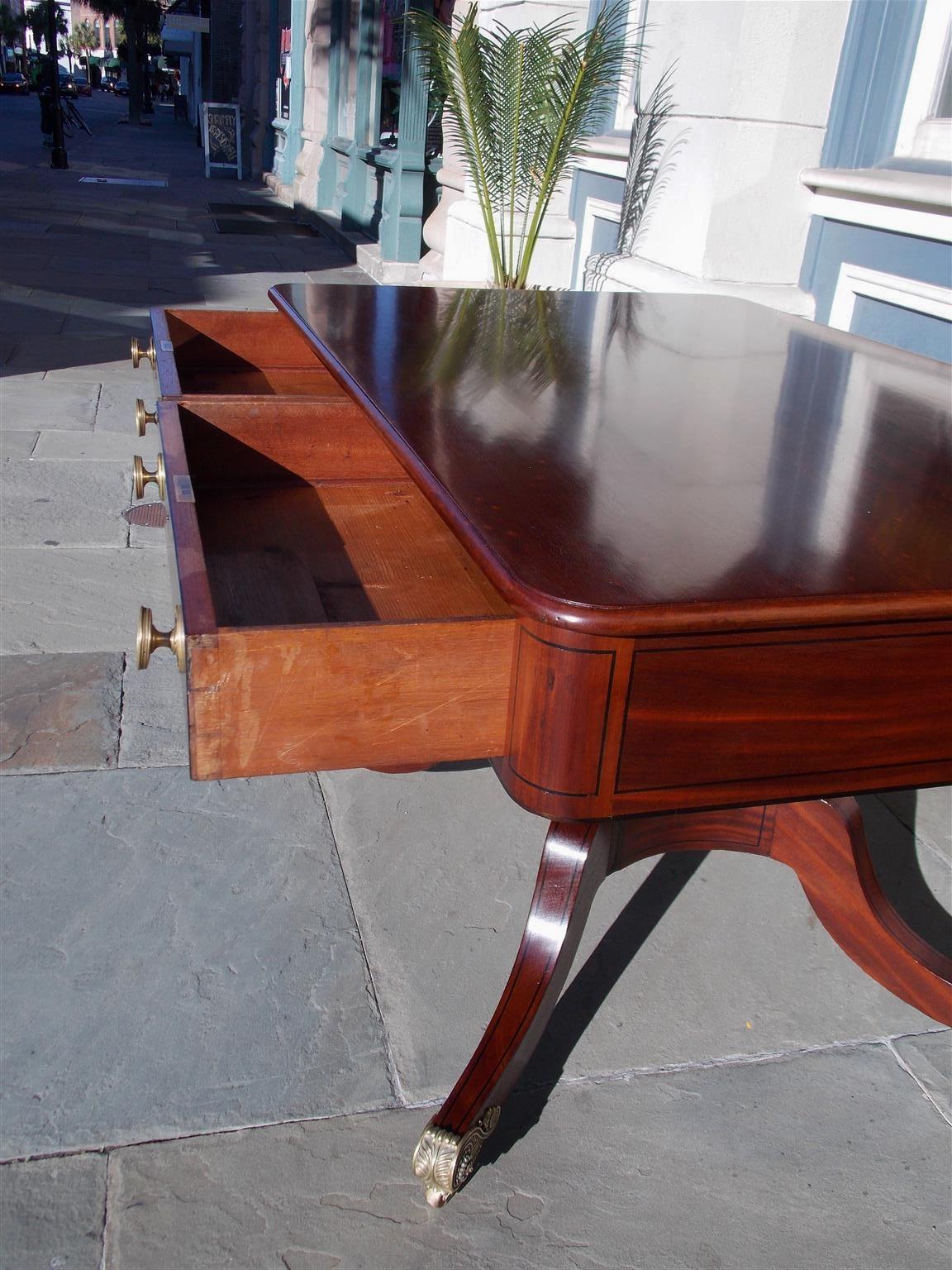 Early 19th Century English Regency Mahogany Ebony Inlaid Two-Drawer Library Table, Circa 1800