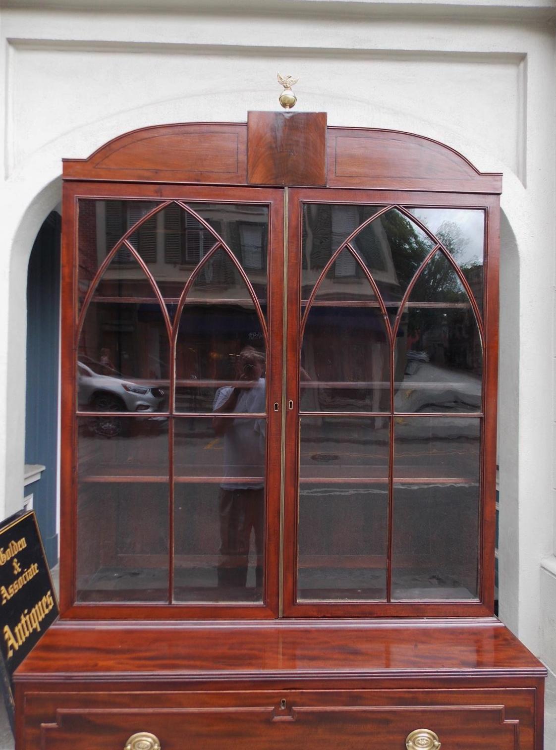 Brass English Regency Mahogany Fall Front Inlaid Secretary with Bookcase, Circa 1810