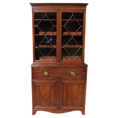 English Regency Mahogany Fall Front Secretary w/ Bookcase on Splay Feet, C. 1800
