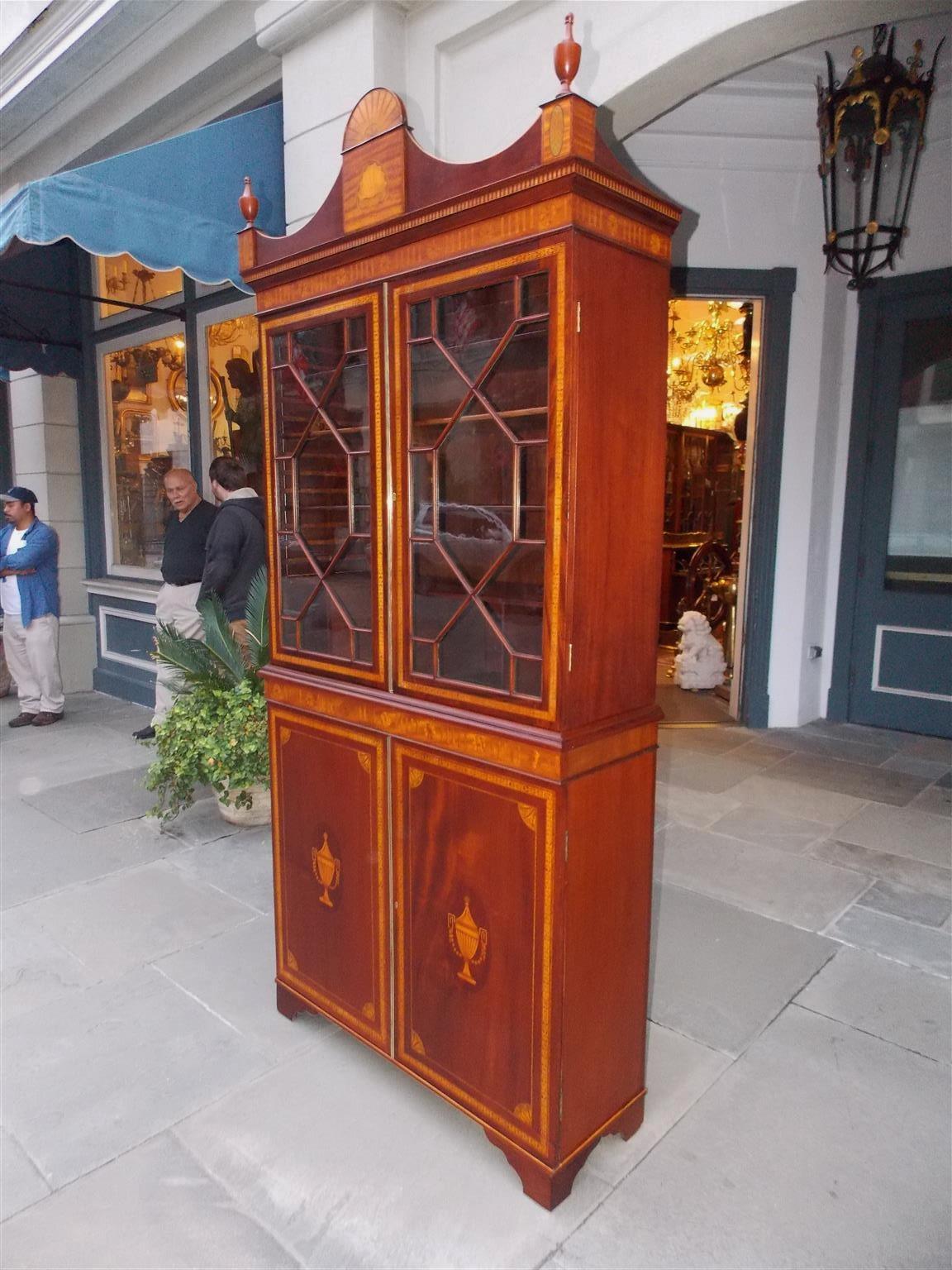 Hand-Carved English Regency Mahogany Glass Front and Satinwood Inlaid Book Case, Circa 1815 For Sale