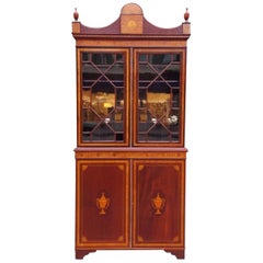 English Regency Mahogany Glass Front and Satinwood Inlaid Book Case, Circa 1815