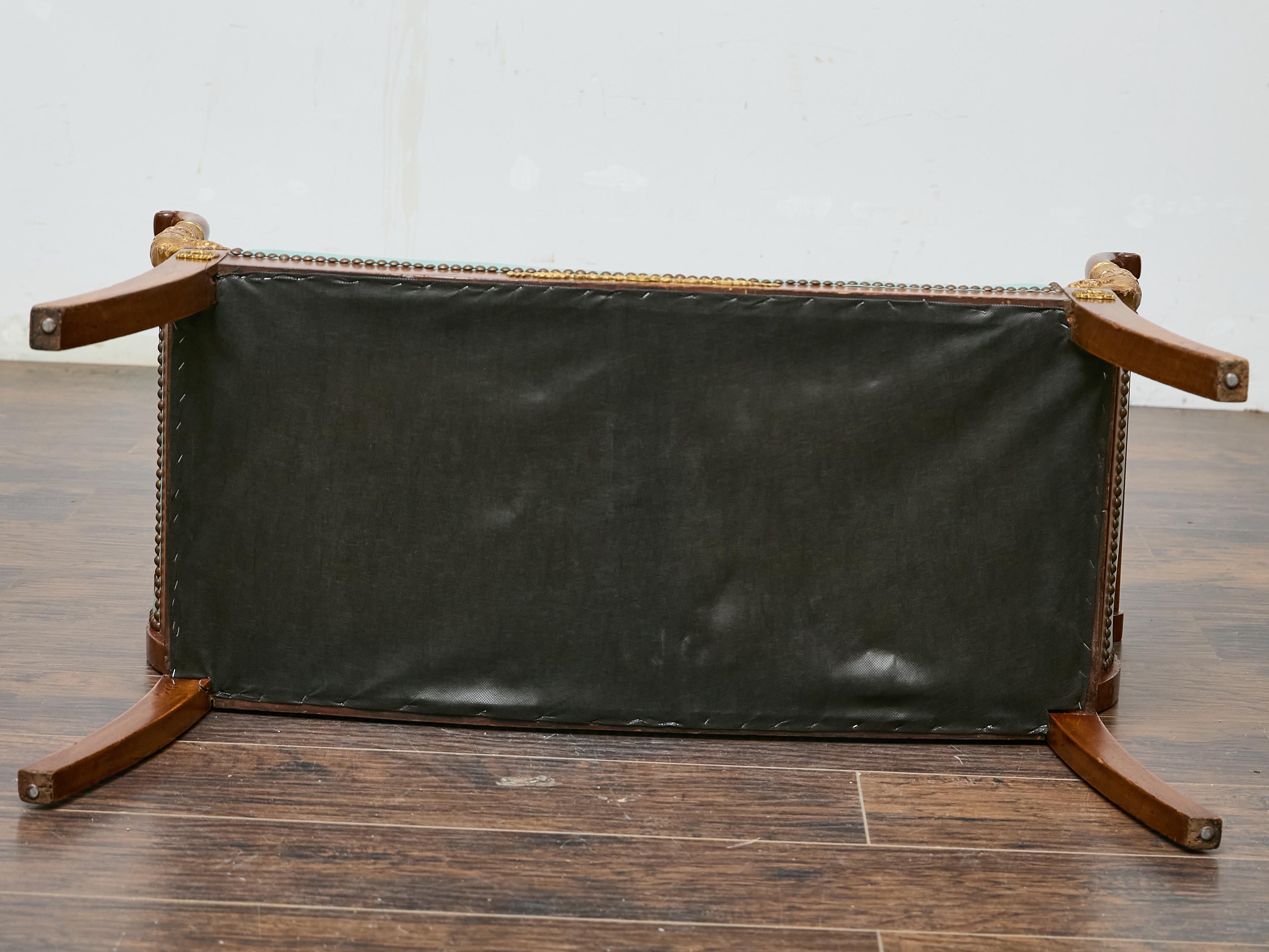 English Regency Mahogany Leather Bench with Gilt Dolphin Armrests For Sale 6
