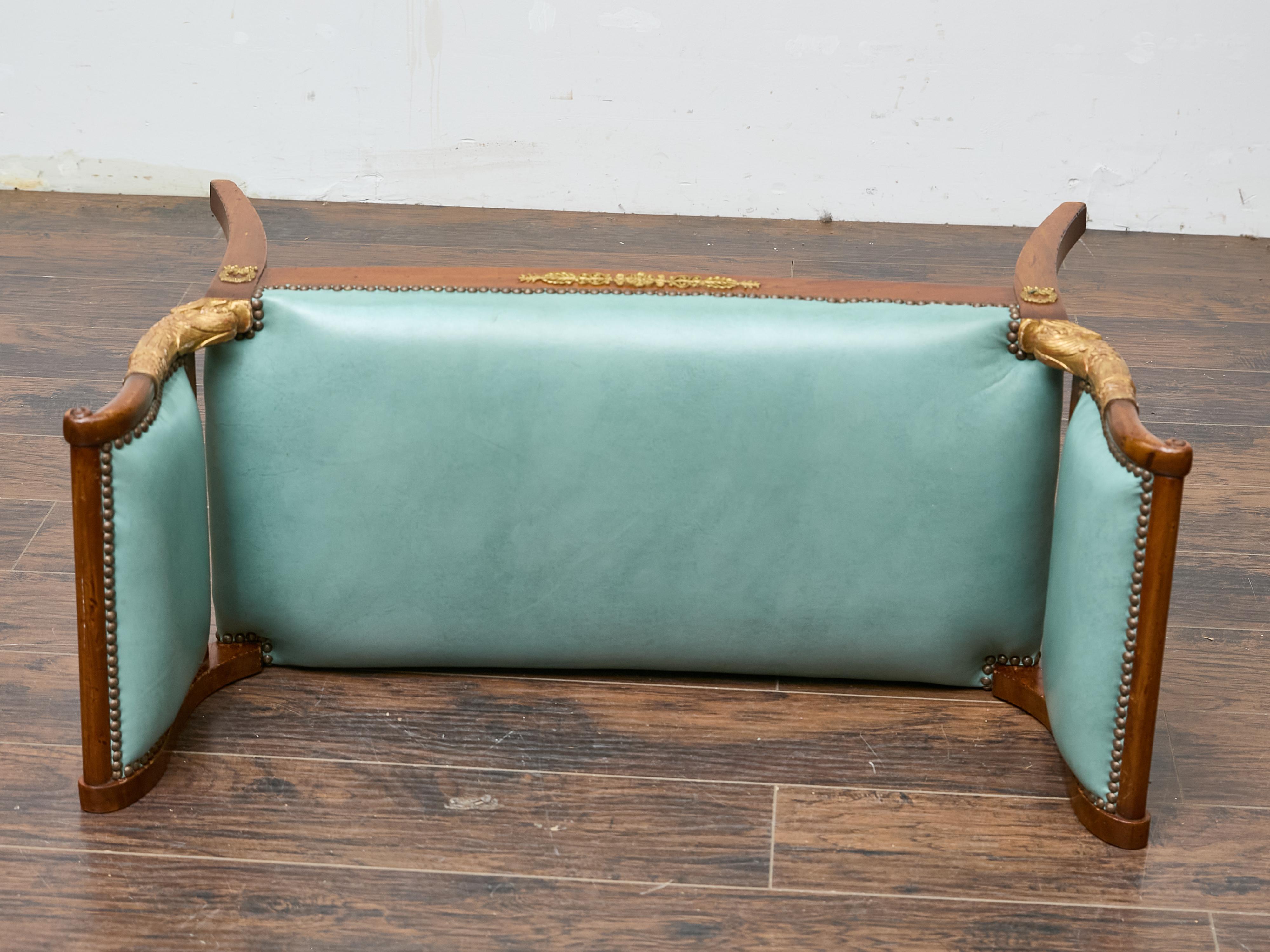 English Regency Mahogany Leather Bench with Gilt Dolphin Armrests For Sale 7