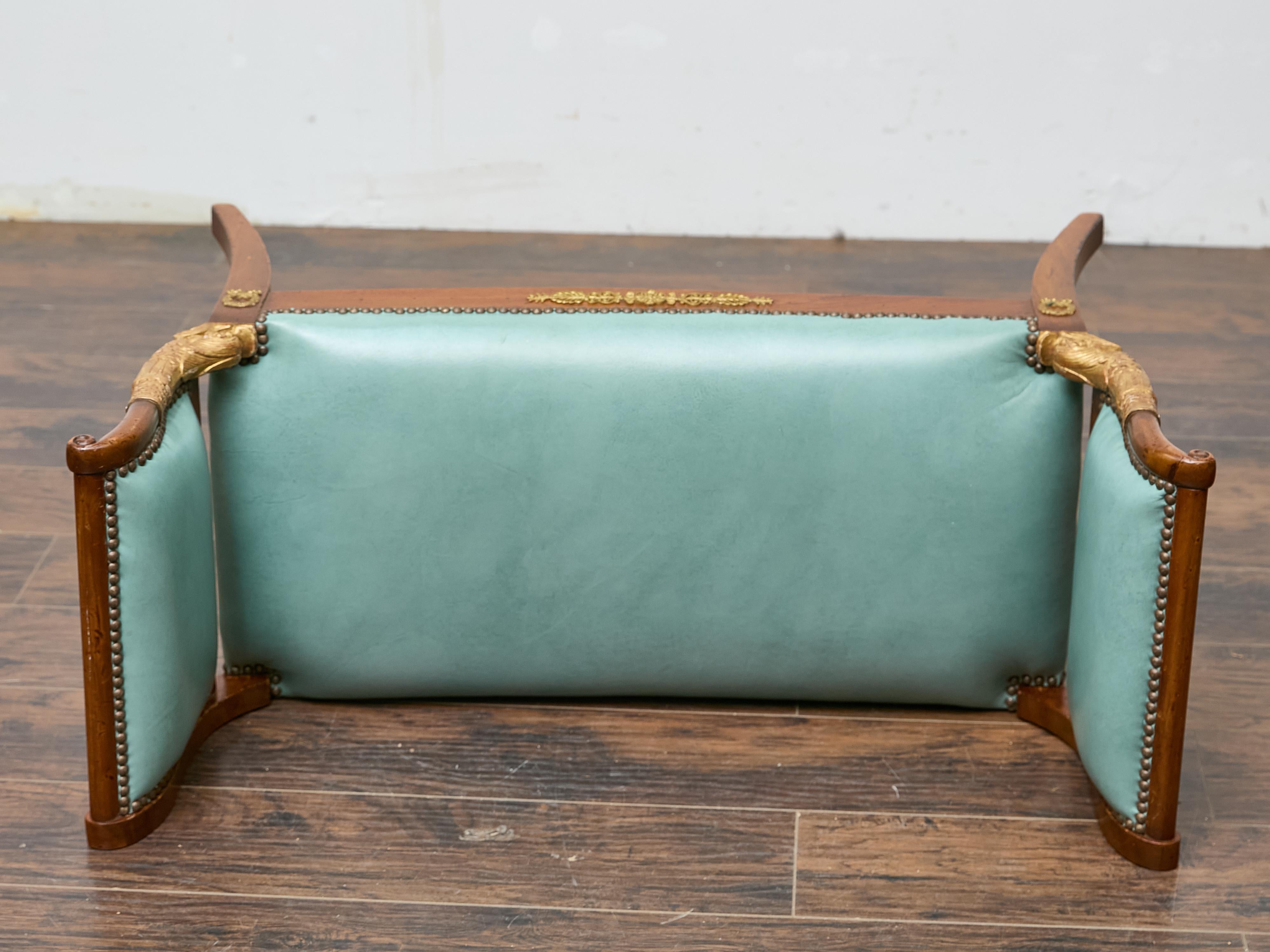 English Regency Mahogany Leather Bench with Gilt Dolphin Armrests For Sale 8