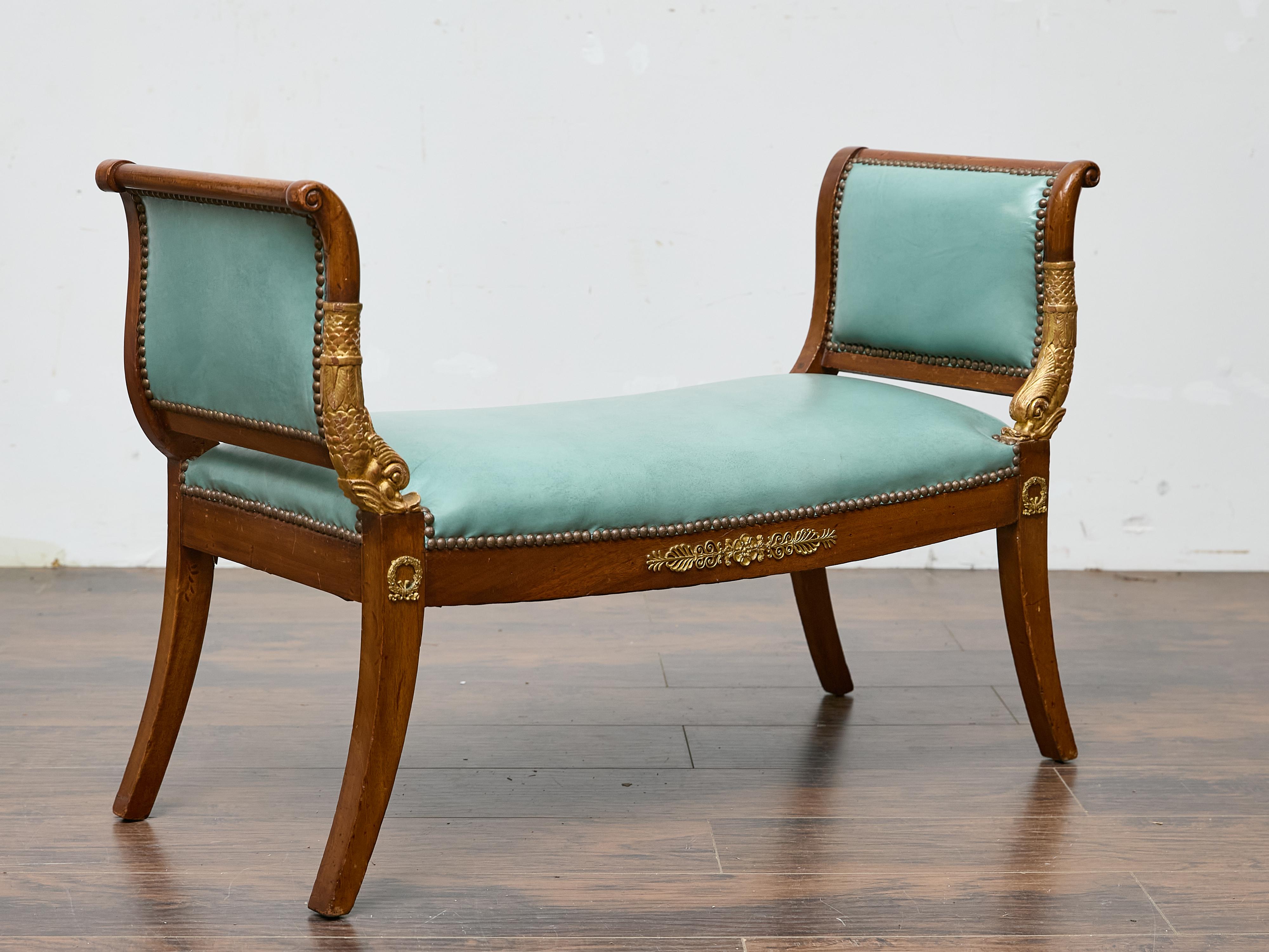 English Regency Mahogany Leather Bench with Gilt Dolphin Armrests In Good Condition For Sale In Atlanta, GA
