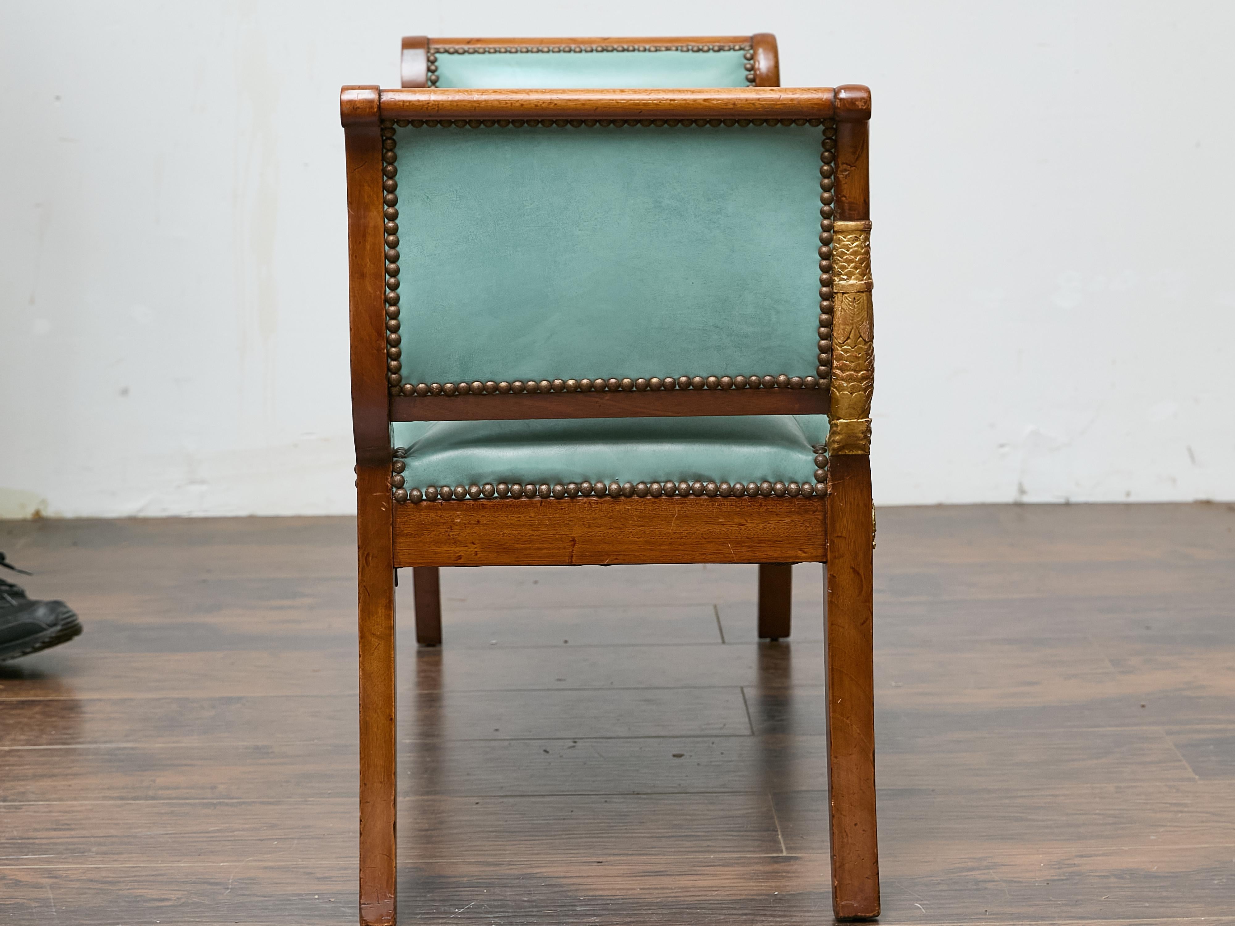19th Century English Regency Mahogany Leather Bench with Gilt Dolphin Armrests For Sale