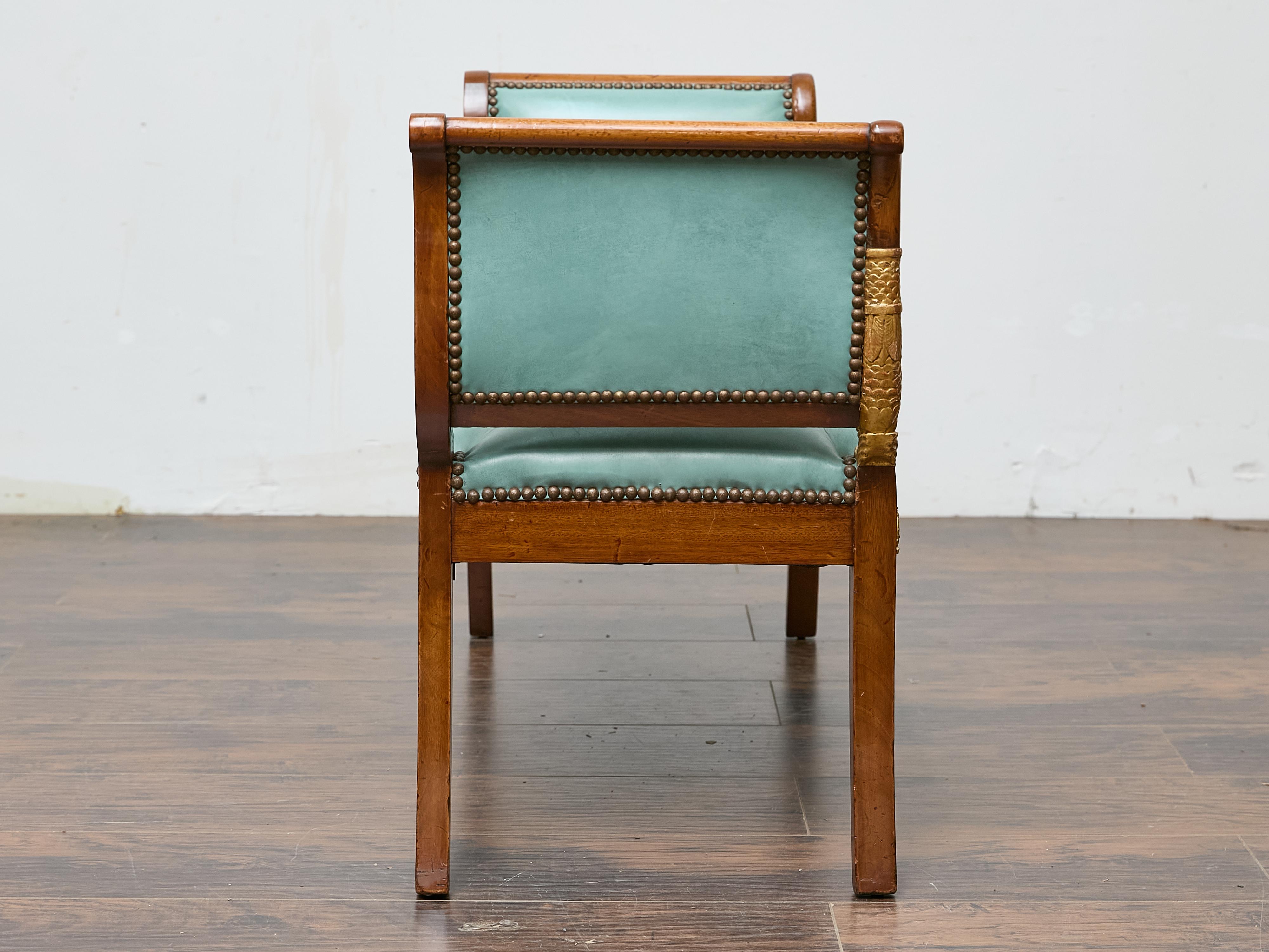English Regency Mahogany Leather Bench with Gilt Dolphin Armrests For Sale 1
