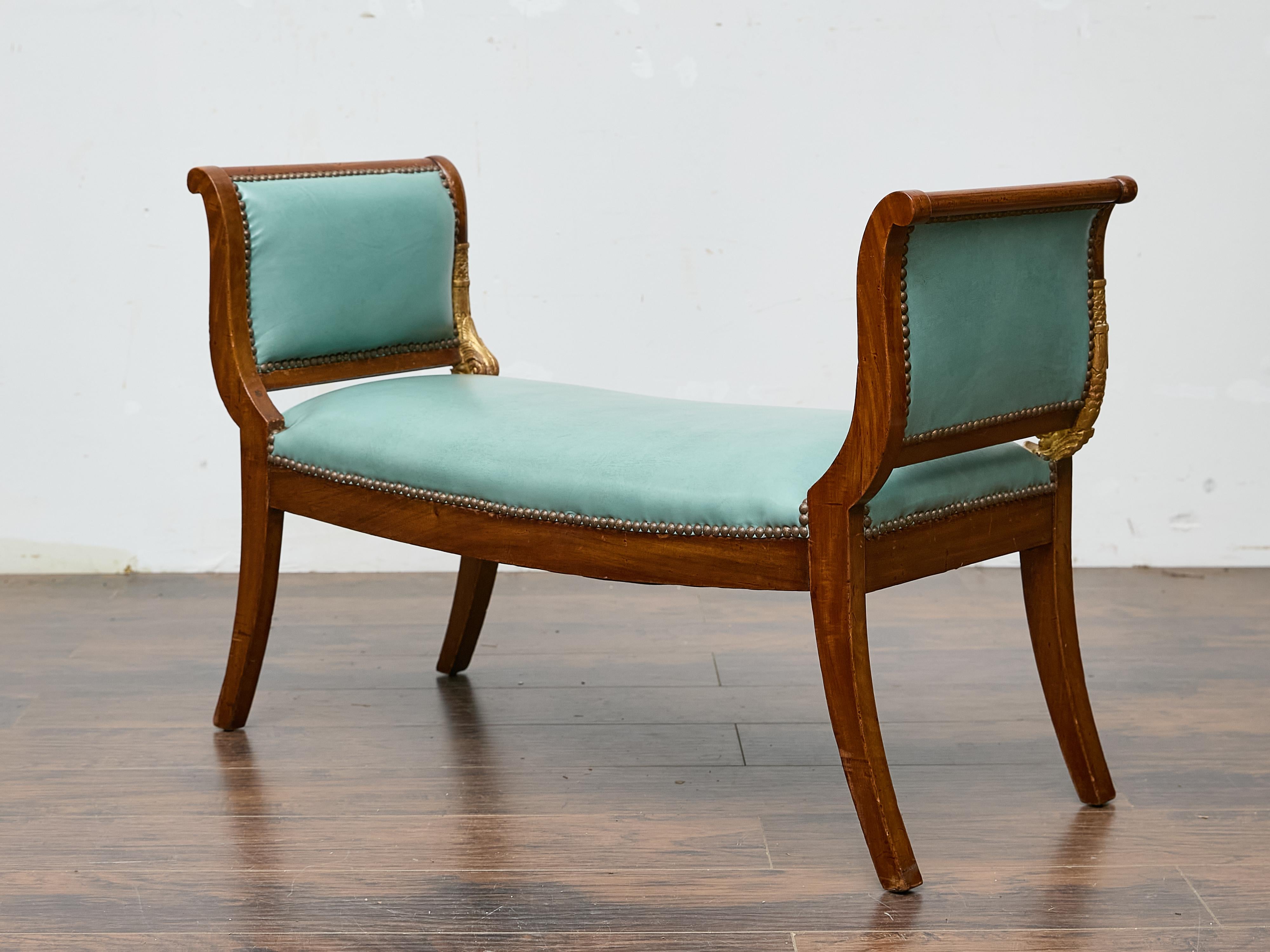 English Regency Mahogany Leather Bench with Gilt Dolphin Armrests For Sale 2