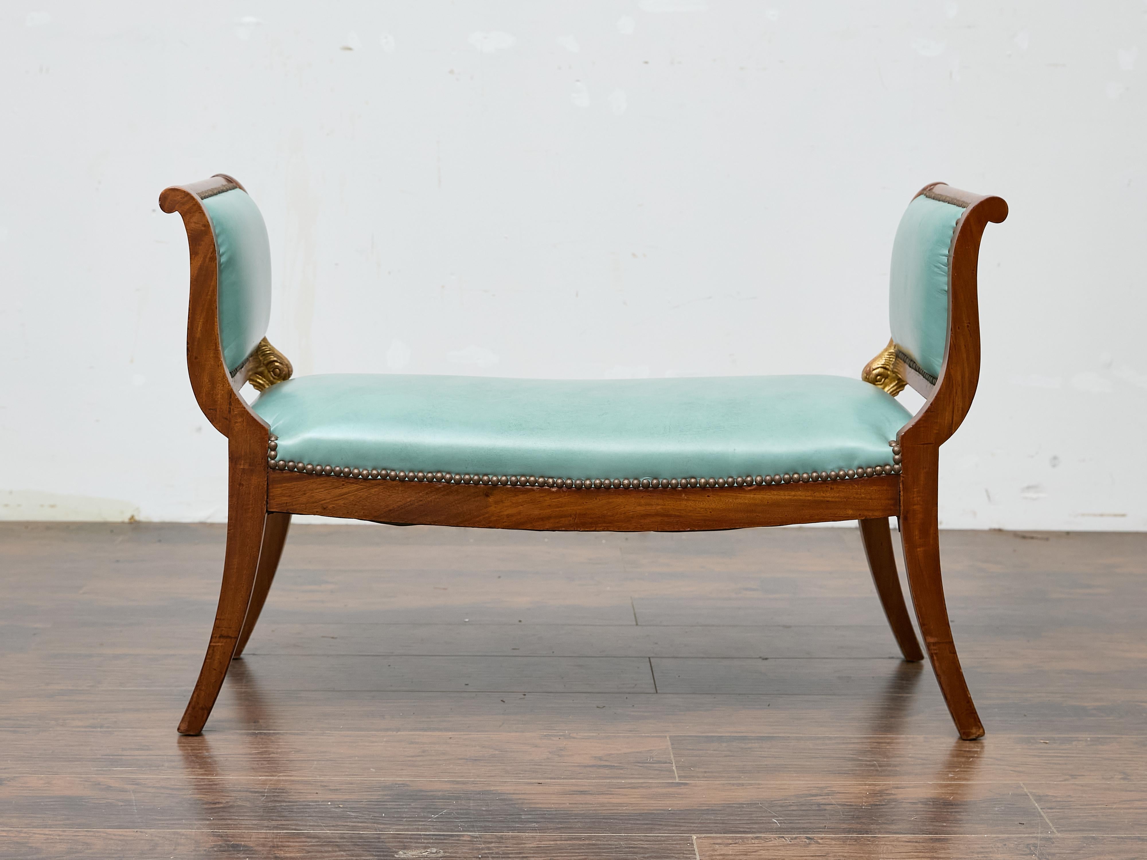 English Regency Mahogany Leather Bench with Gilt Dolphin Armrests For Sale 3