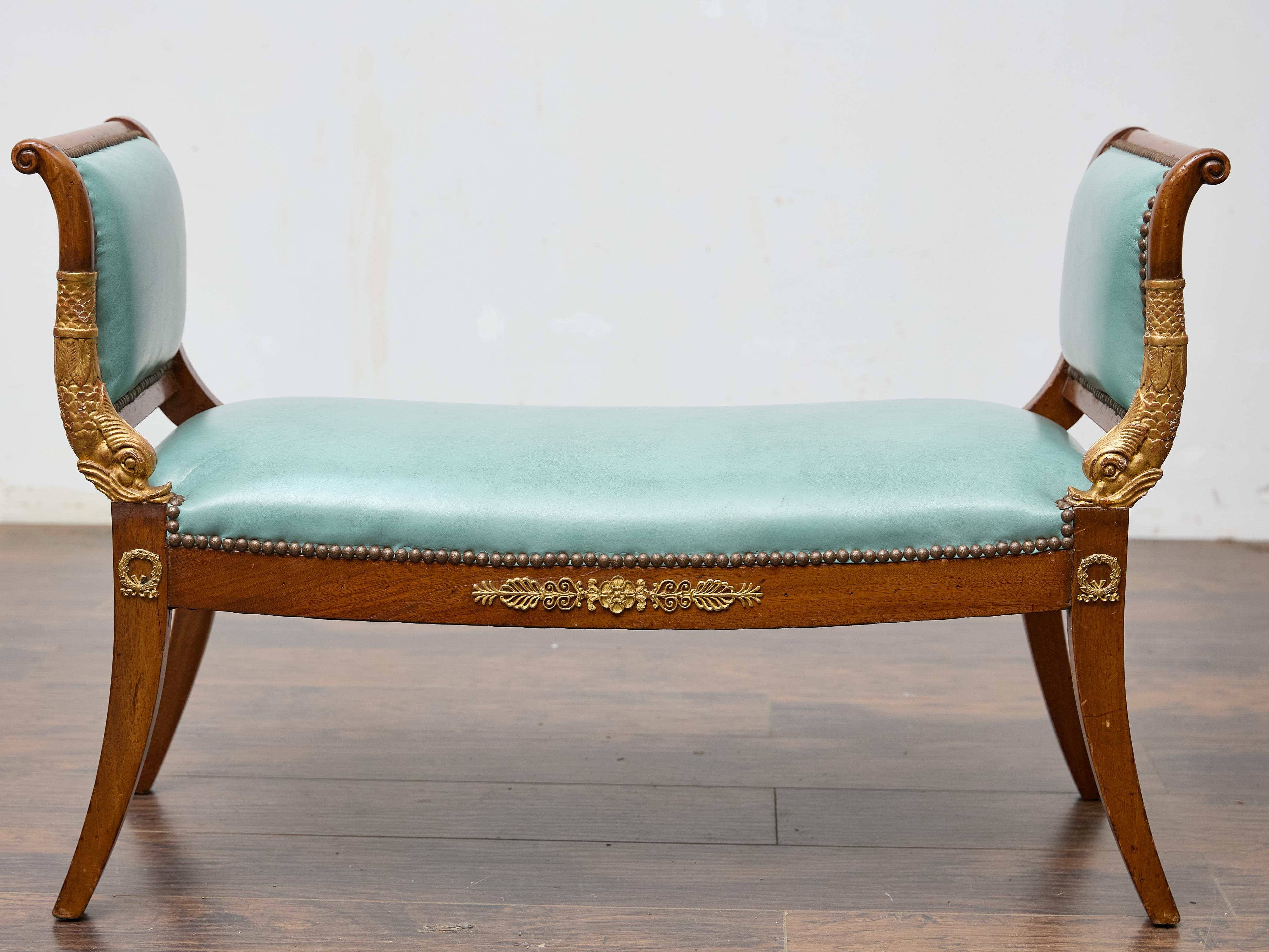 English Regency Mahogany Leather Bench with Gilt Dolphin Armrests For Sale 4
