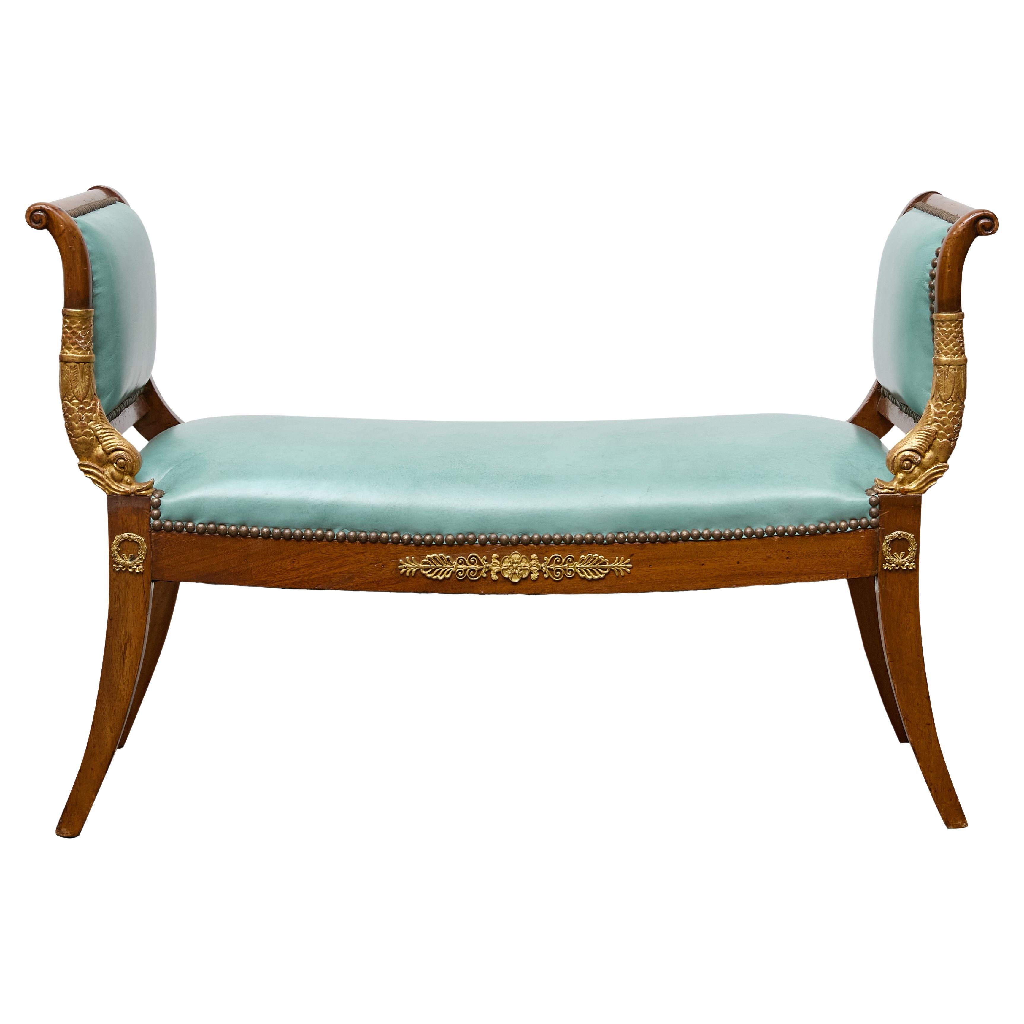 English Regency Mahogany Leather Bench with Gilt Dolphin Armrests For Sale