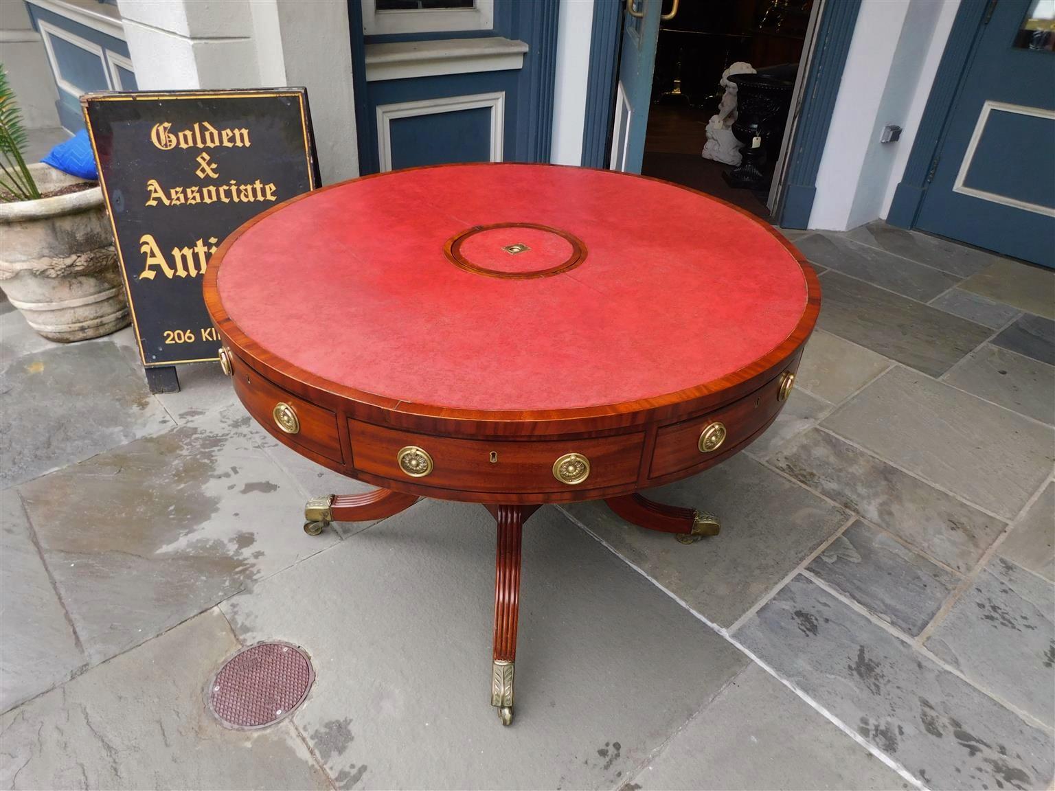 Hand-Carved English Regency Mahogany Leather Top Ebony Inlaid Rent Table, Circa 1790 For Sale