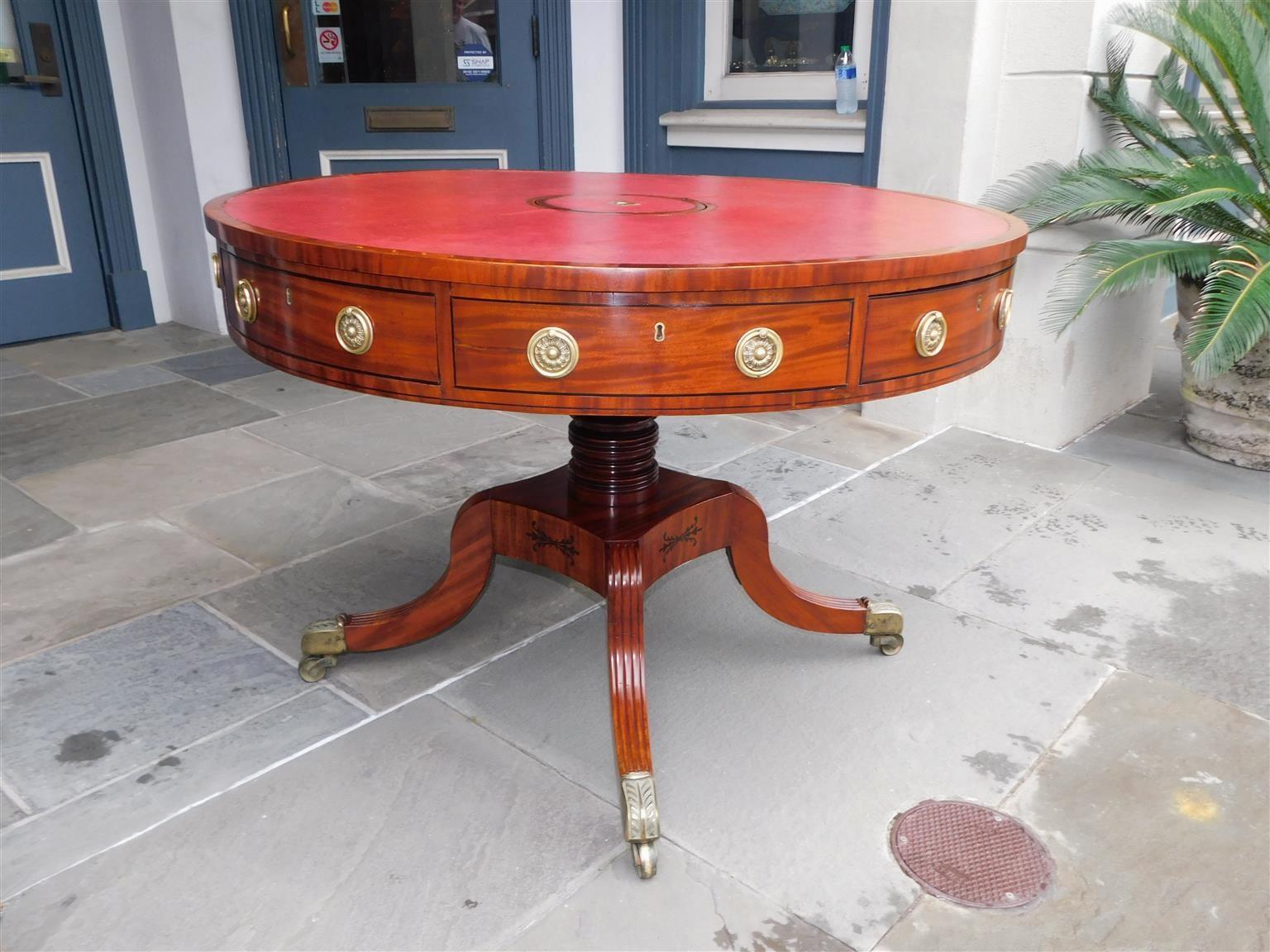 English Regency Mahogany Leather Top Ebony Inlaid Rent Table, Circa 1790 In Excellent Condition For Sale In Hollywood, SC
