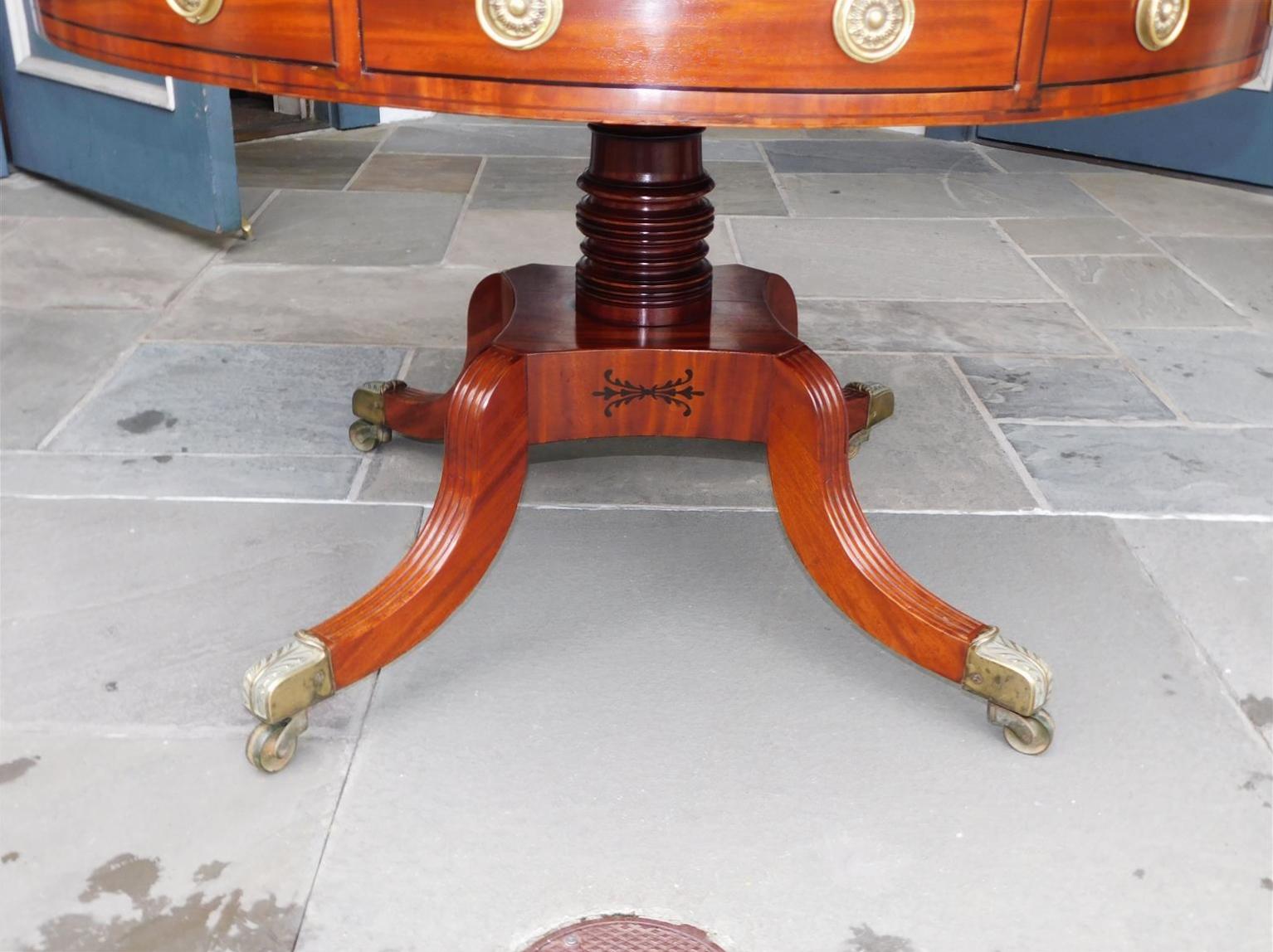 Brass English Regency Mahogany Leather Top Ebony Inlaid Rent Table, Circa 1790 For Sale