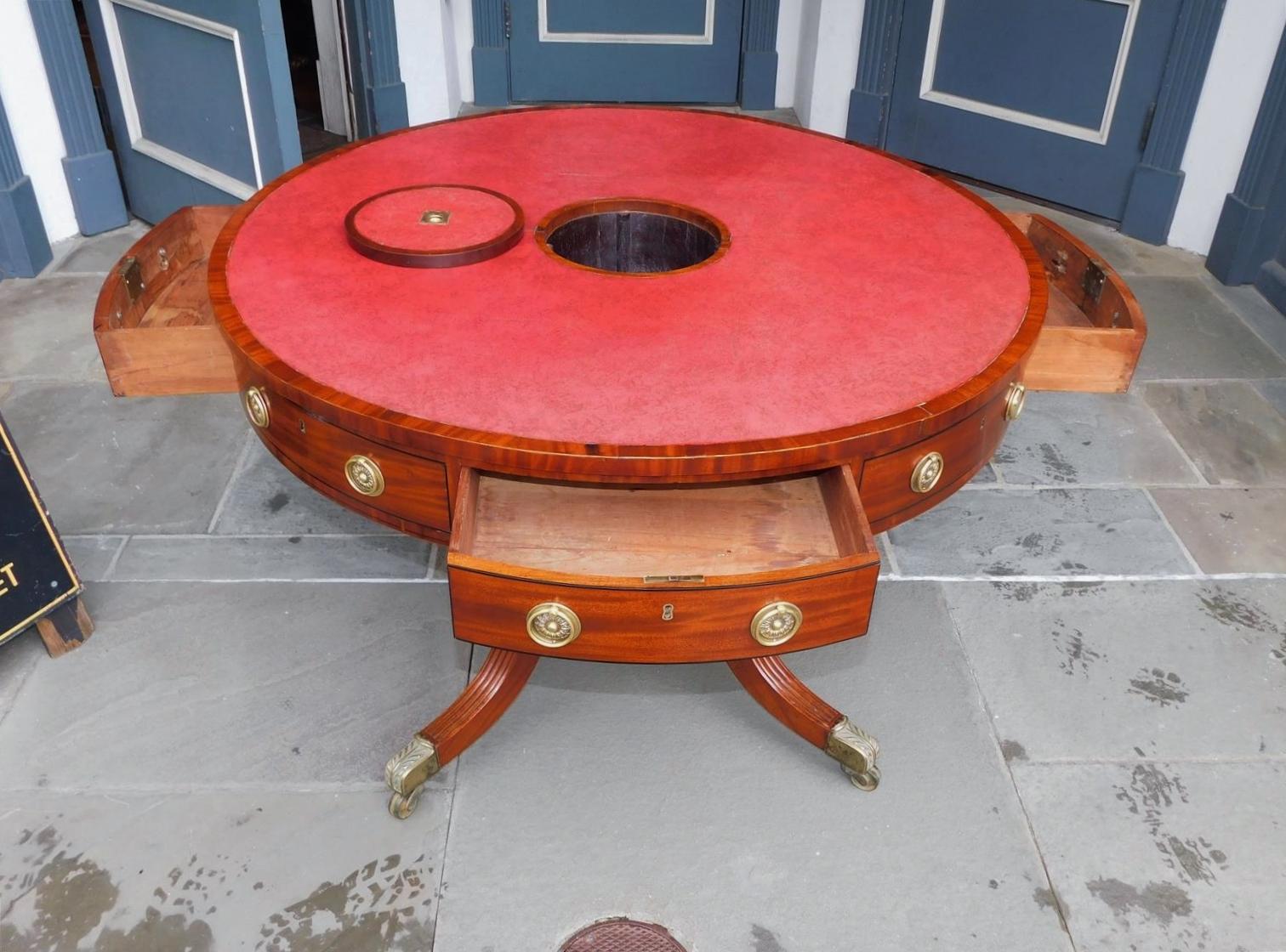 English Regency Mahogany Leather Top Ebony Inlaid Rent Table, Circa 1790 For Sale 3