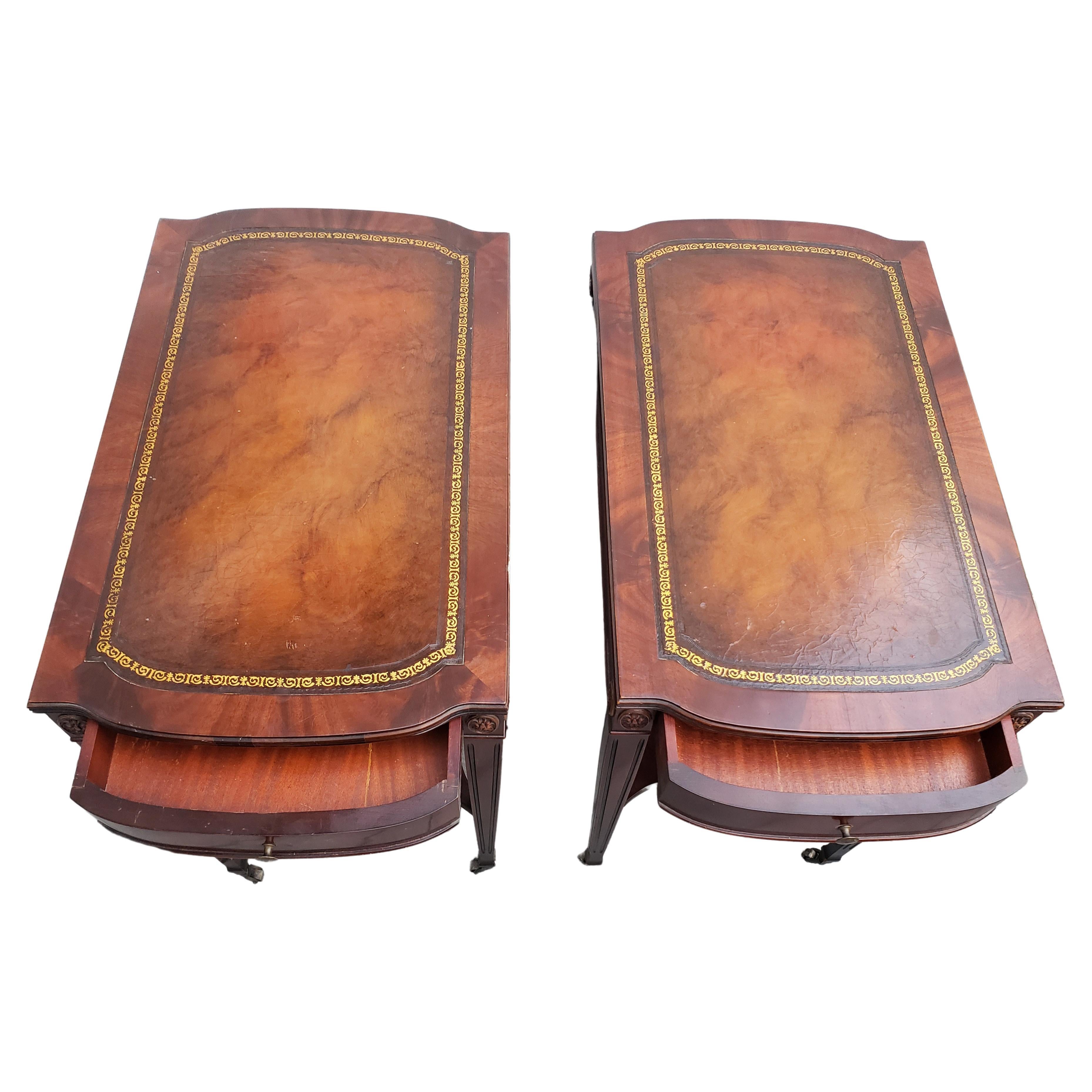 English Regency Mahogany Leather Top Side Tables, End Tables, Circa 1930s, a Pair In Good Condition In Germantown, MD