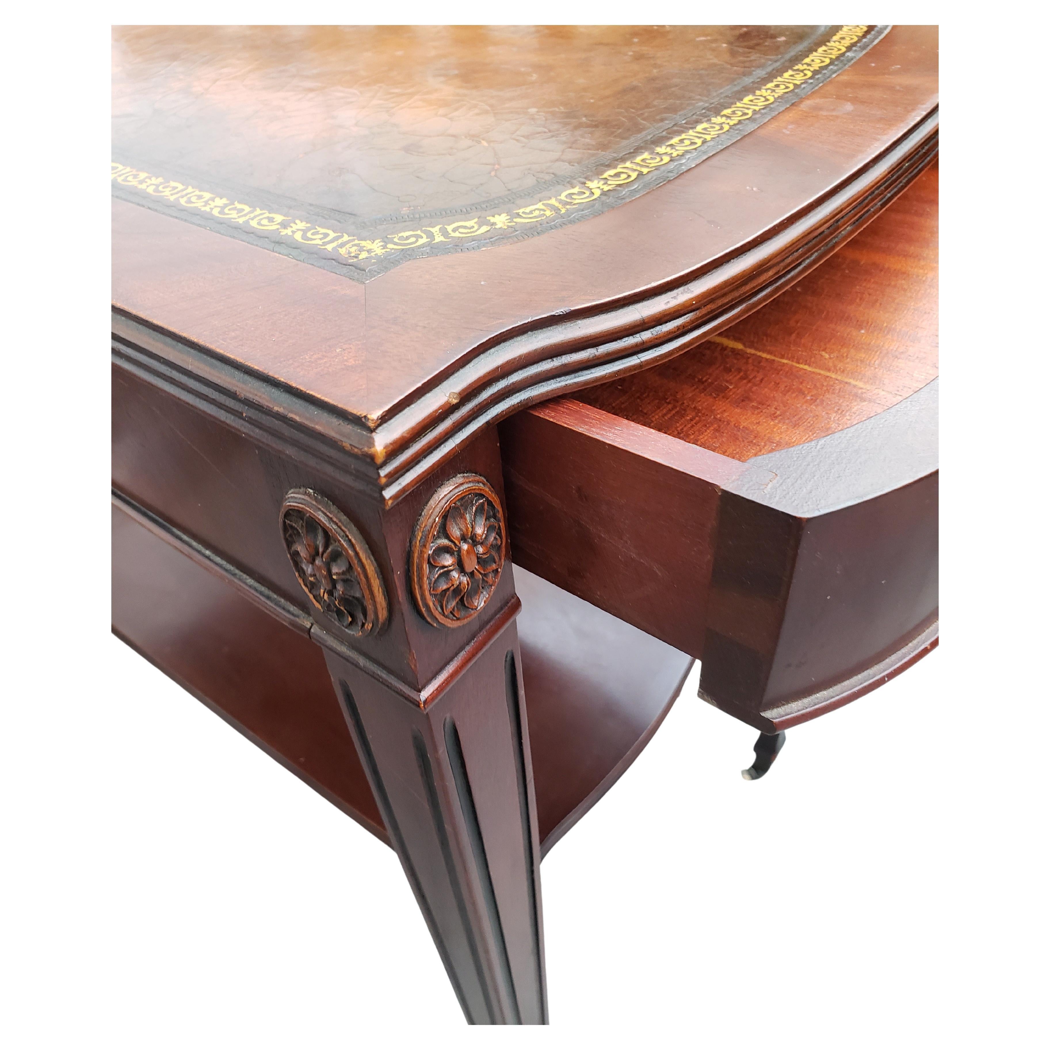 20th Century English Regency Mahogany Leather Top Side Tables, End Tables, Circa 1930s, a Pair