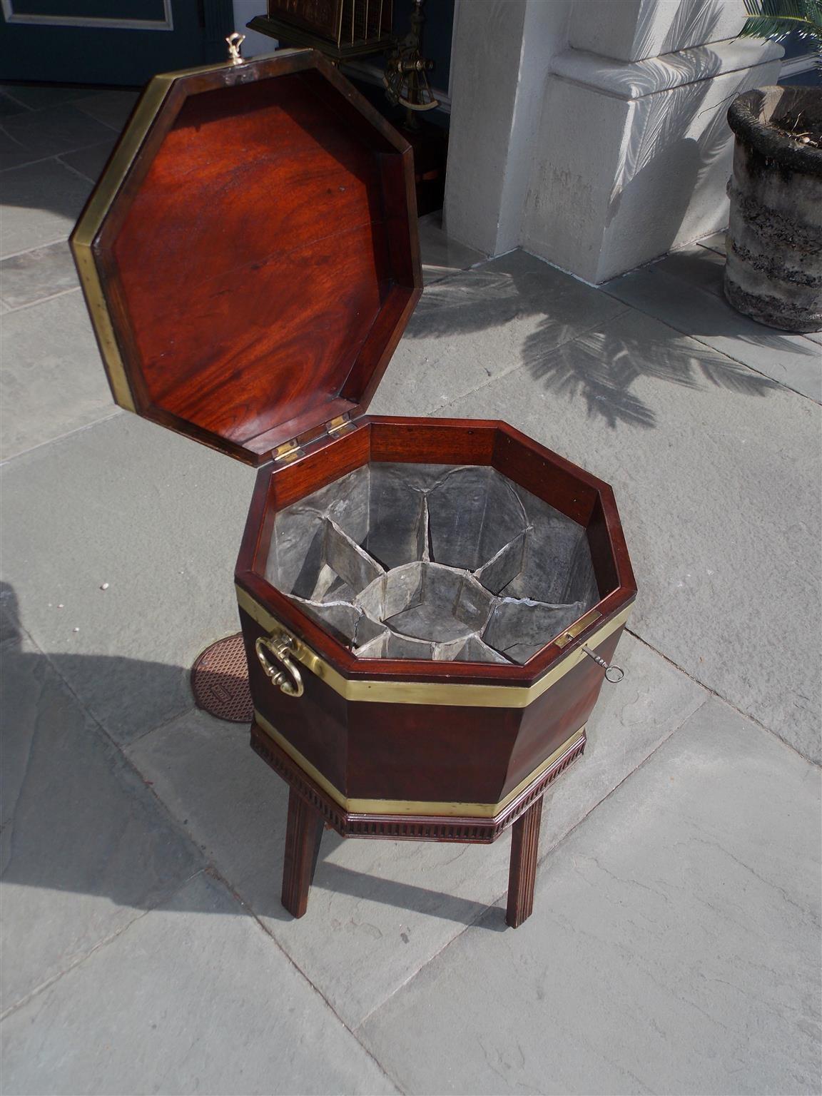 Early 19th Century English Regency Mahogany Octagon Brass Banded Wine Cellarette on Stand, C. 1810