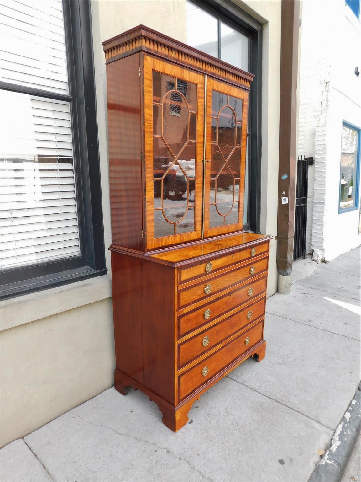 Libreria Chippendale in mogano e legno di raso con cornicione pendente con bordi modanati, ante superiori in vetro originali incernierate che rivelano ripiani interni rimovibili, legno di Re a fasce incrociate,  patera centrale intarsiata in legno