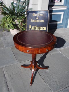 English Regency Mahogany Satinwood Inlaid Leather Top Drum Table, Circa 1815