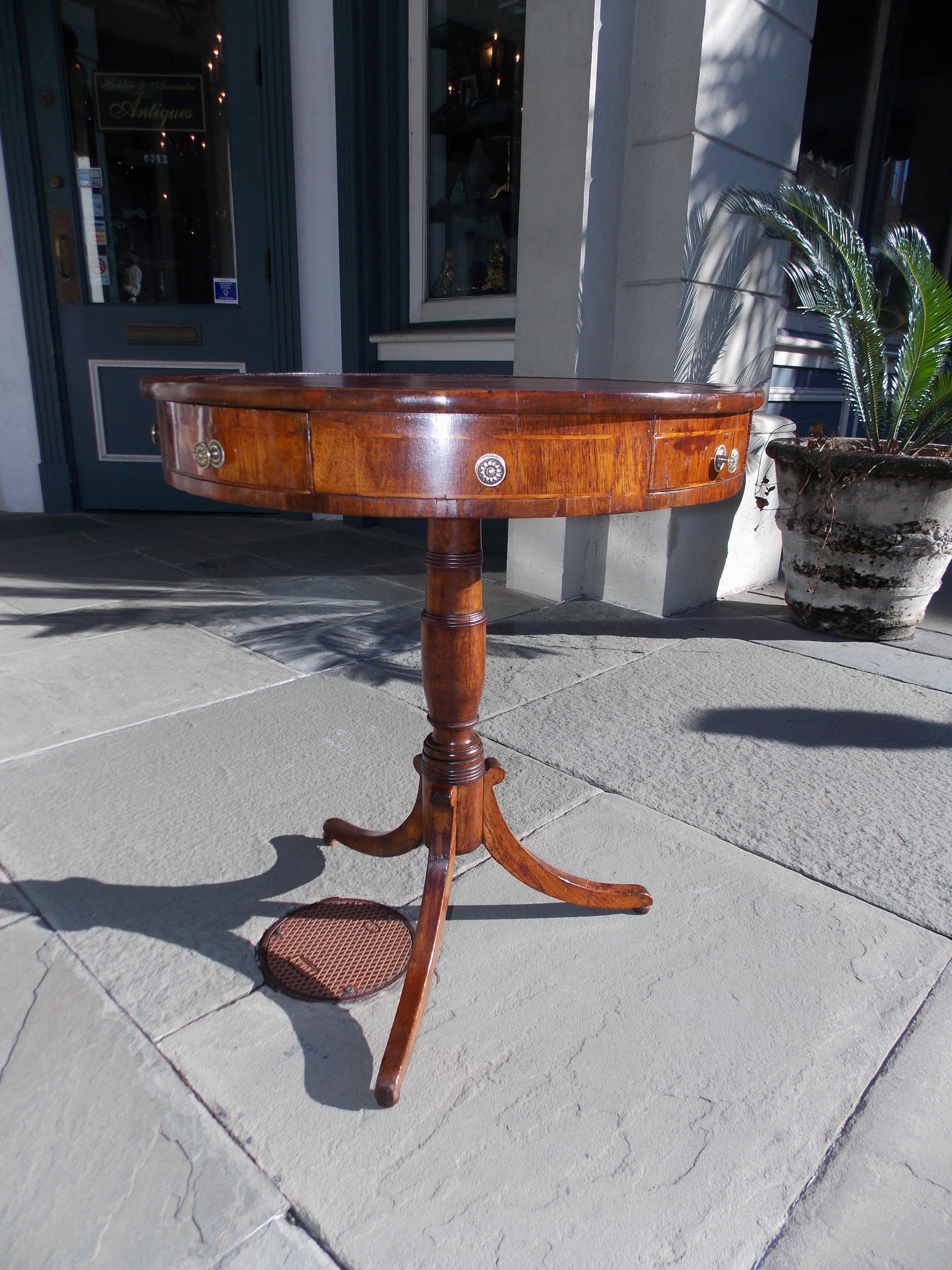 English Regency Mahogany Satinwood Inlaid Leather Top Drum Table, Circa 1815 In Excellent Condition In Hollywood, SC