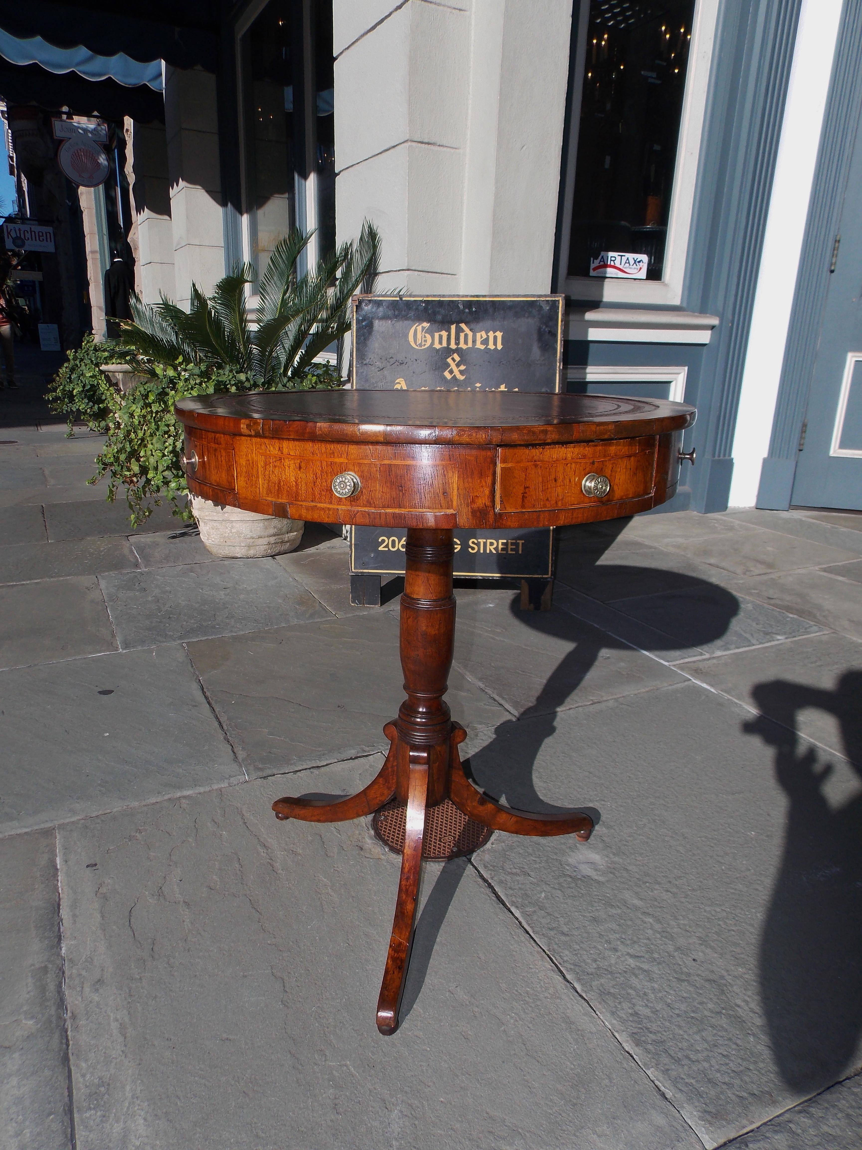 Early 19th Century English Regency Mahogany Satinwood Inlaid Leather Top Drum Table, Circa 1815