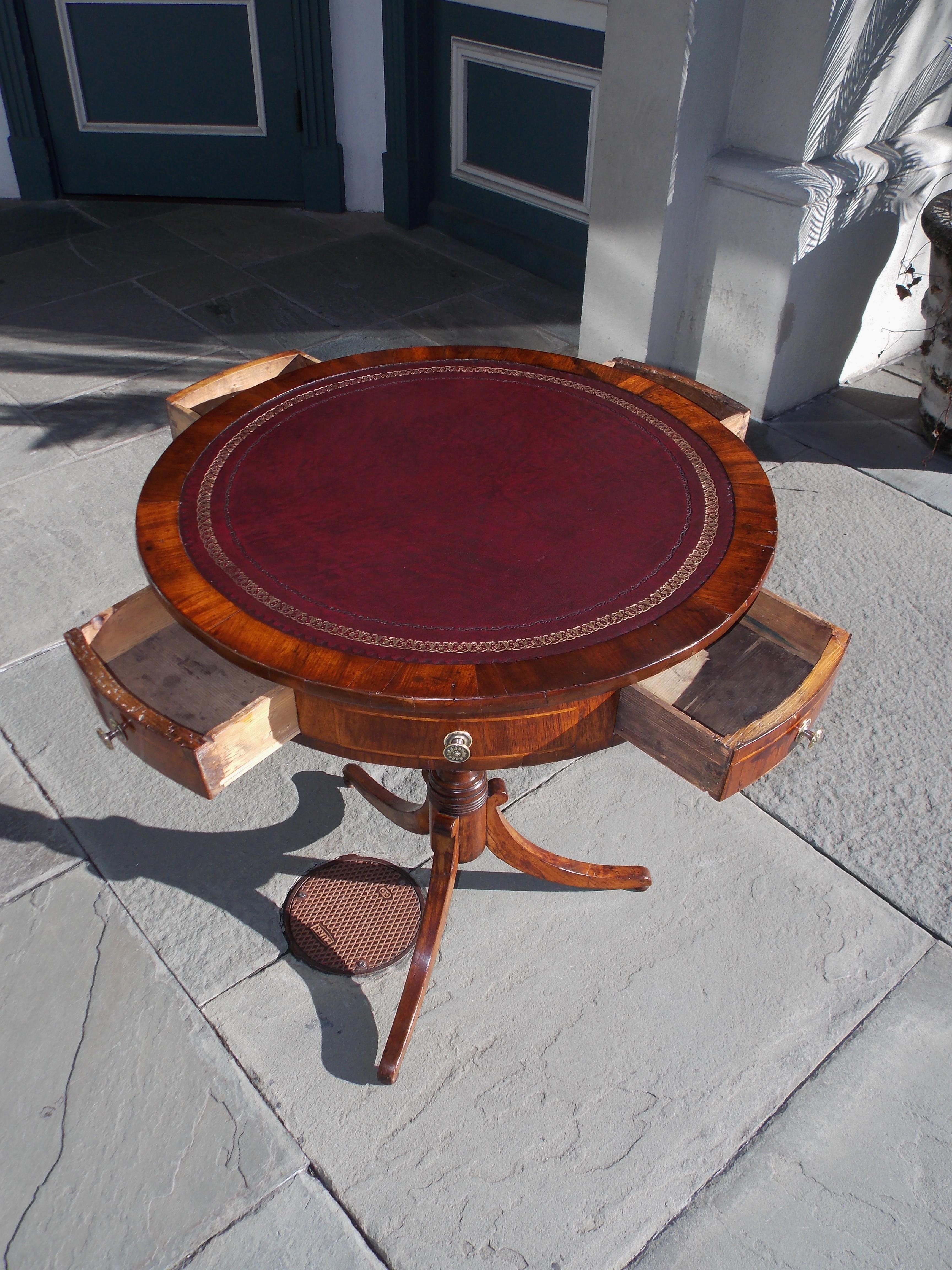 Brass English Regency Mahogany Satinwood Inlaid Leather Top Drum Table, Circa 1815