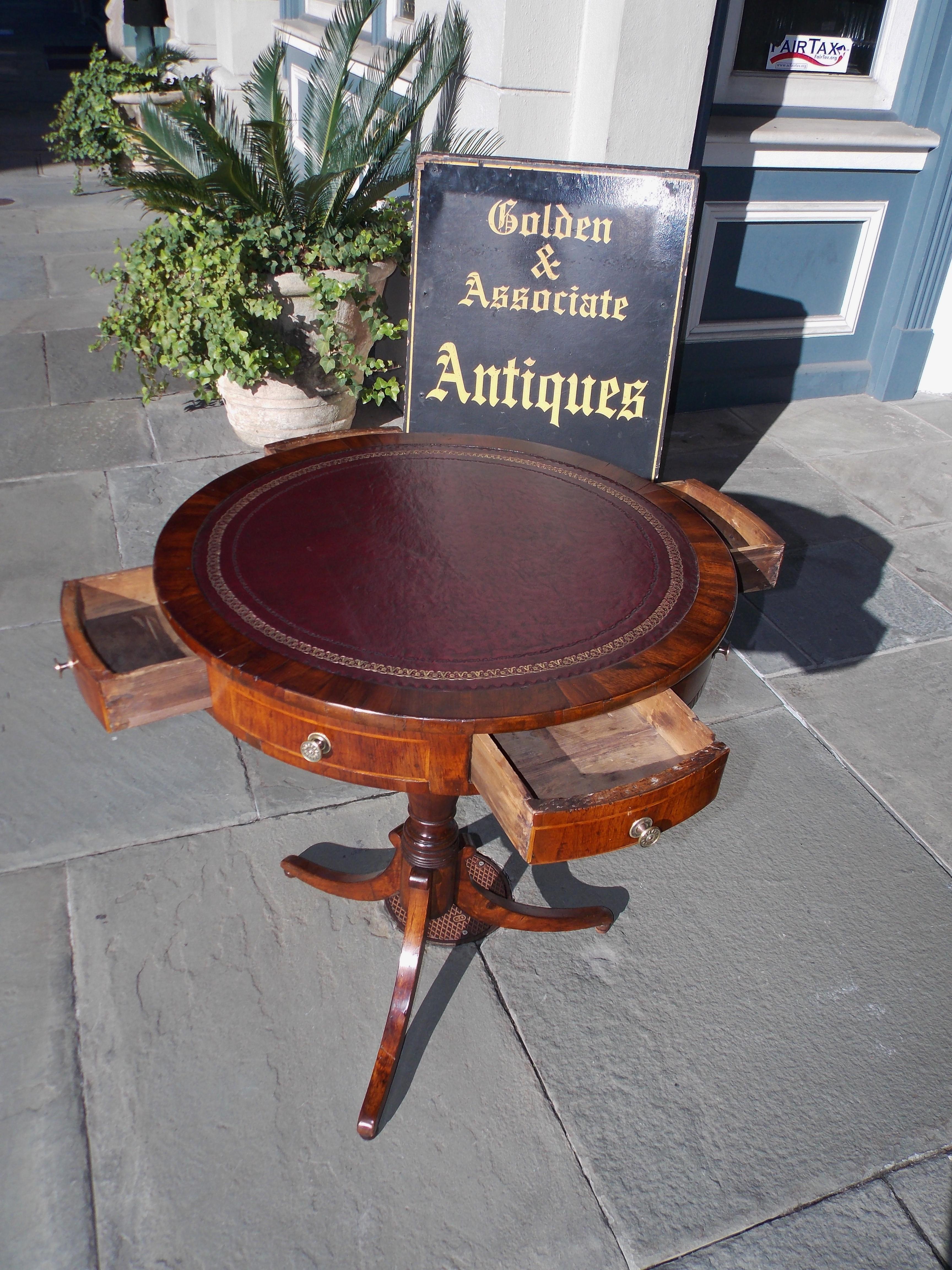 English Regency Mahogany Satinwood Inlaid Leather Top Drum Table, Circa 1815 1