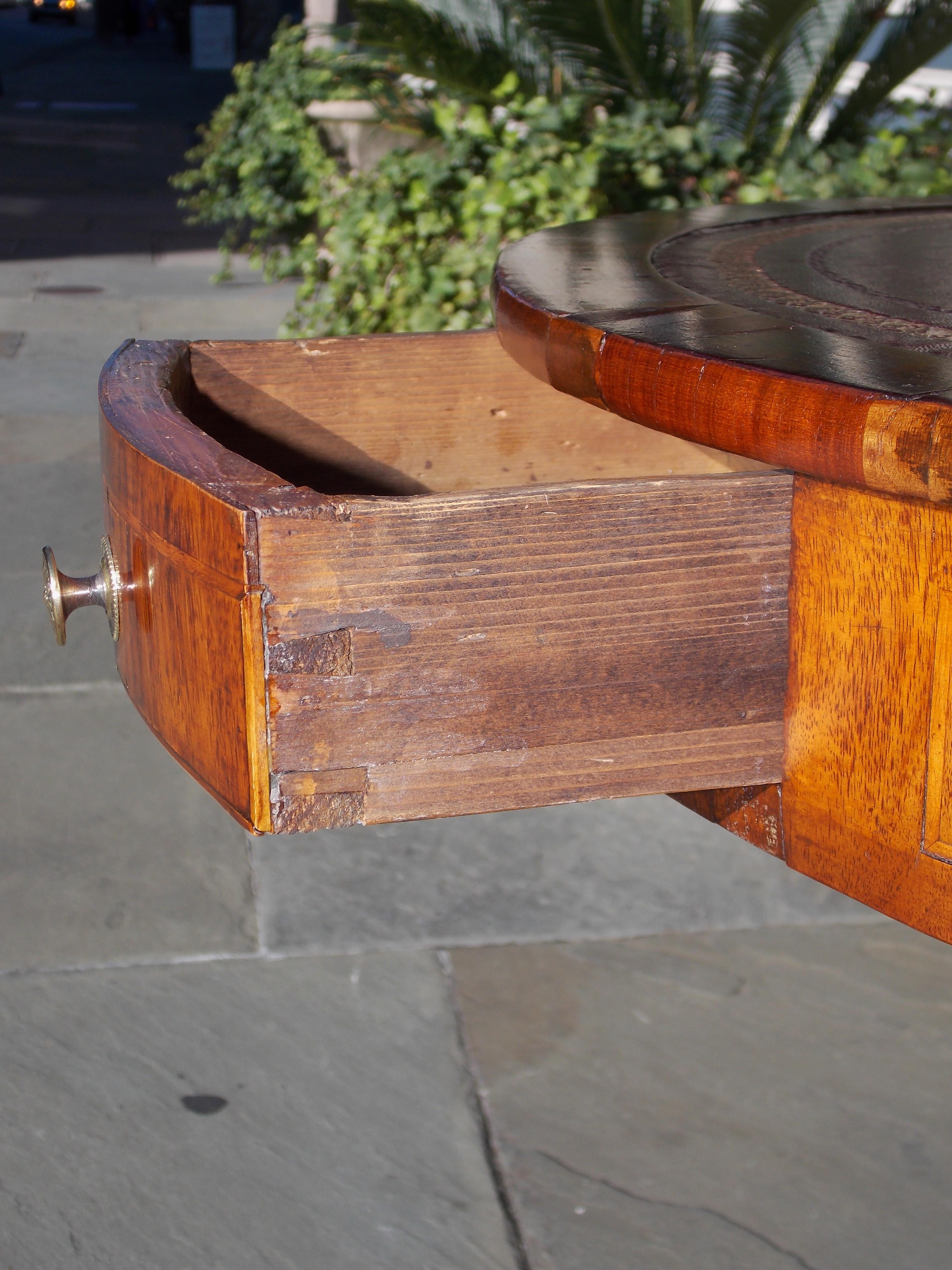 English Regency Mahogany Satinwood Inlaid Leather Top Drum Table, Circa 1815 2