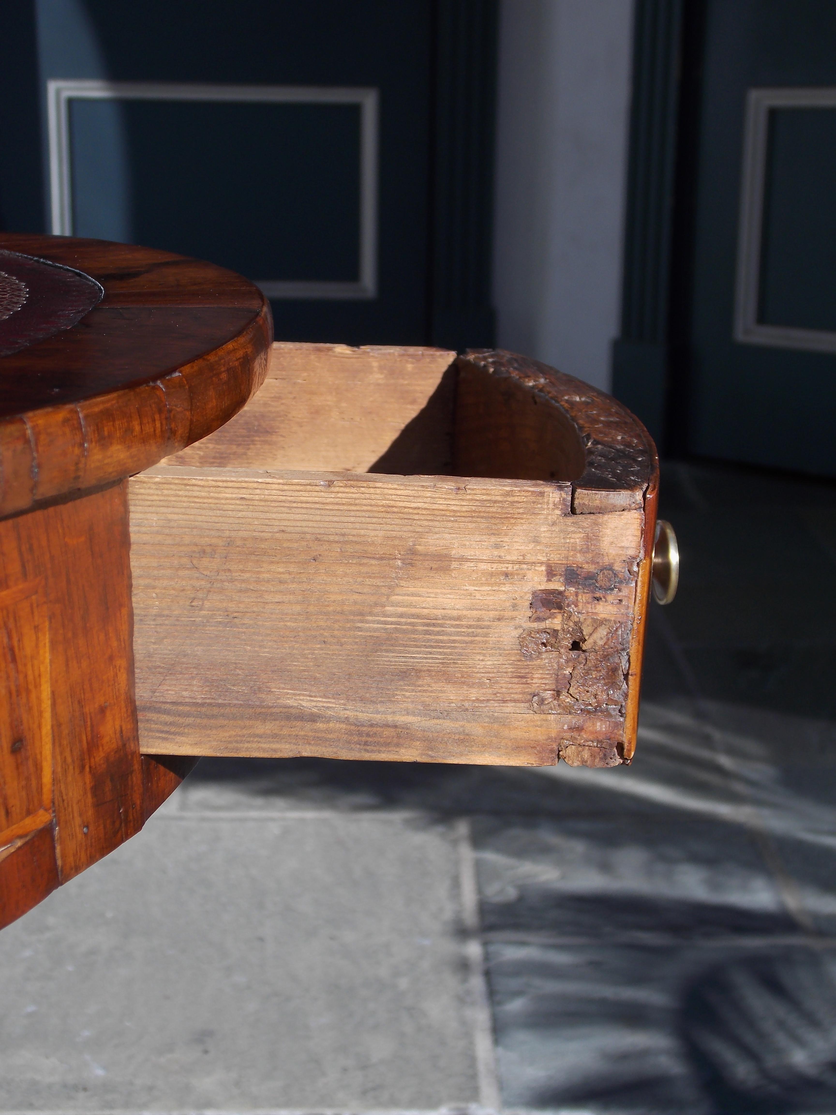 English Regency Mahogany Satinwood Inlaid Leather Top Drum Table, Circa 1815 3