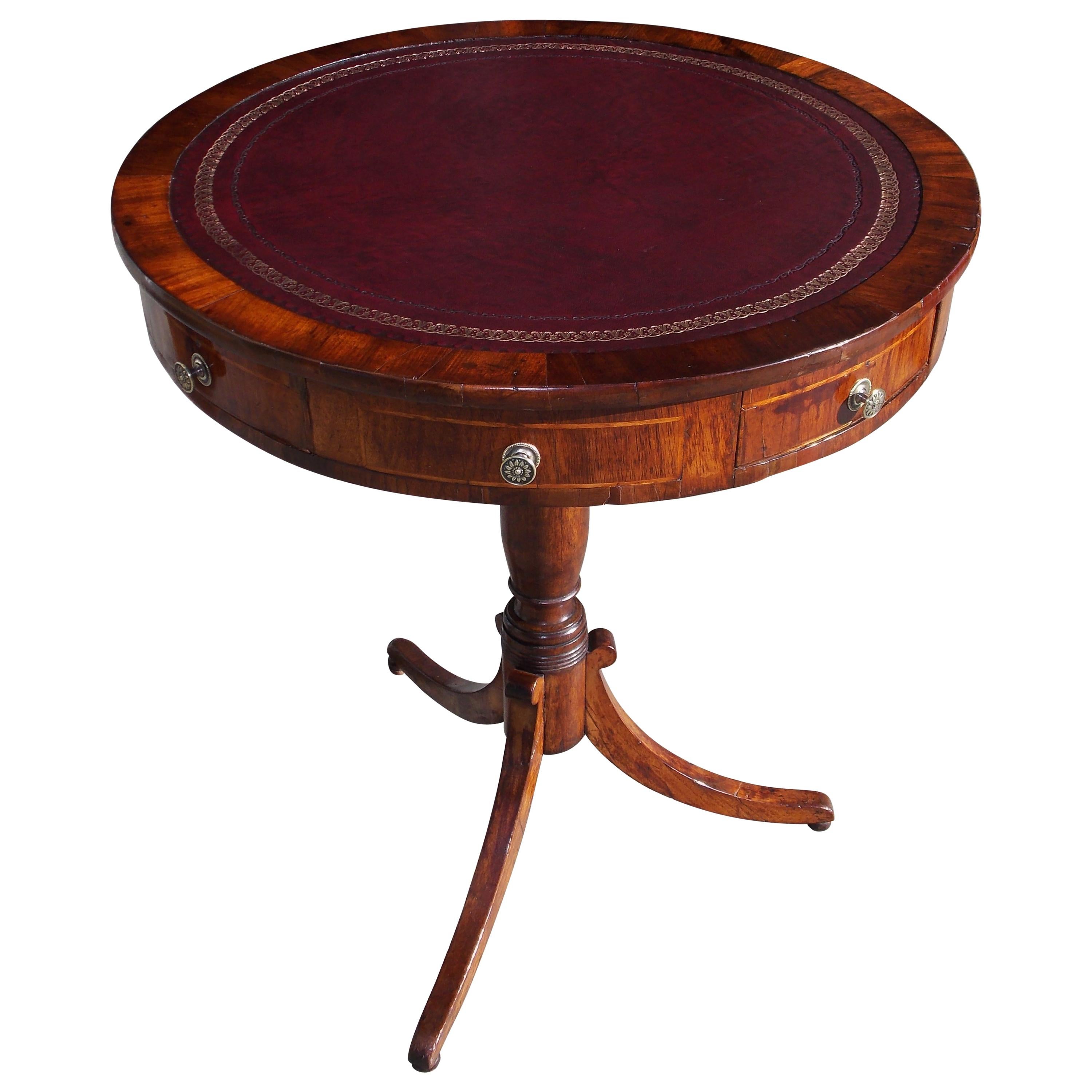 English Regency Mahogany Satinwood Inlaid Leather Top Drum Table, Circa 1815