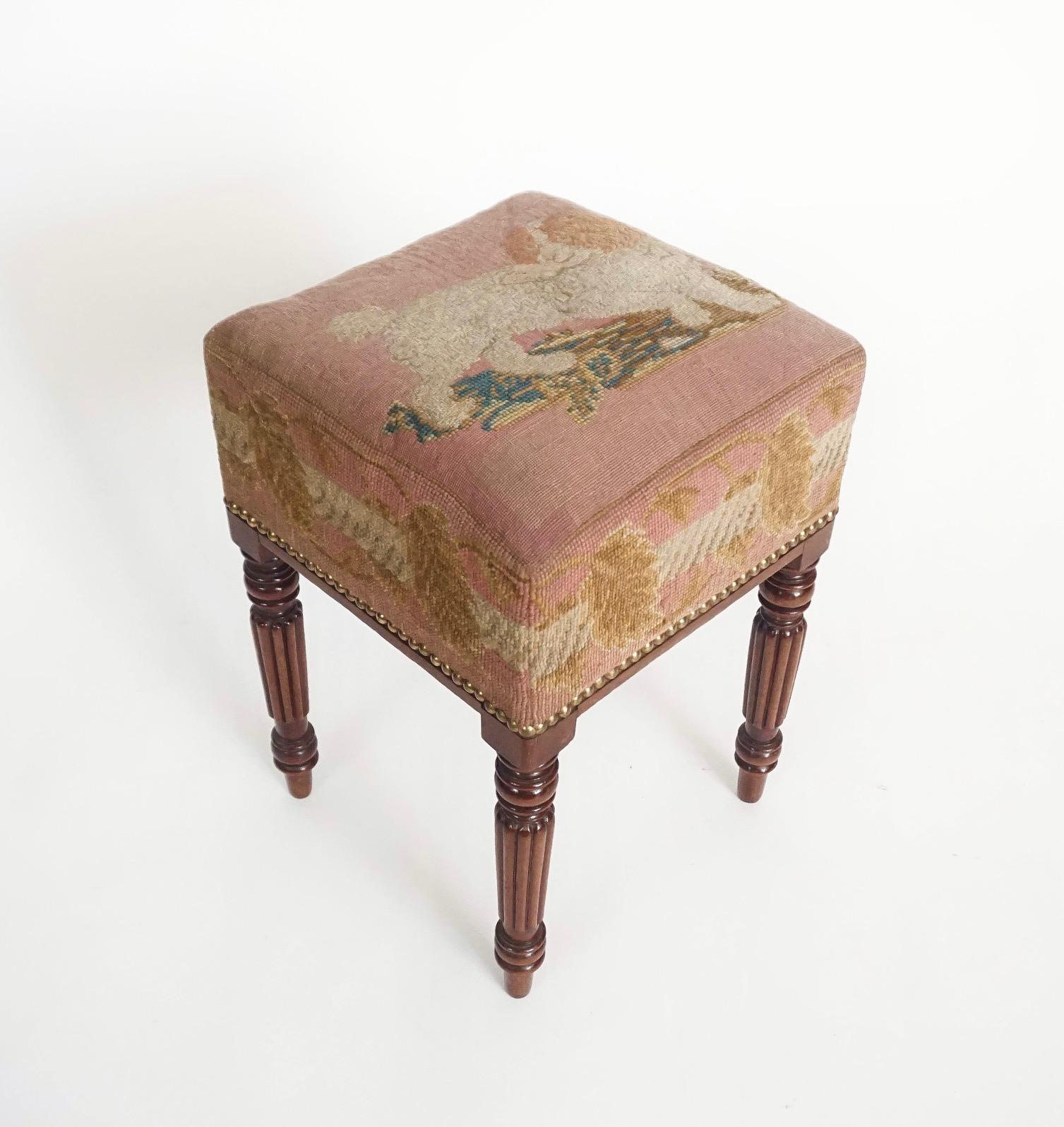 Hand-Crafted English Regency Mahogany Stool with Original Needlepoint of a Spaniel circa 1820 For Sale