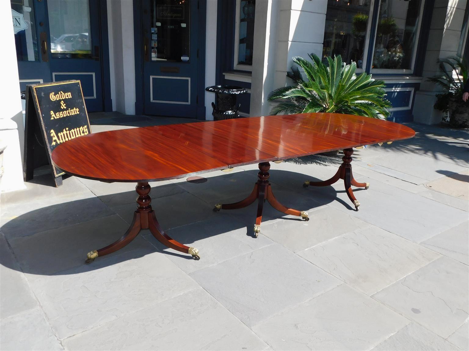 Hand-Carved English Regency Mahogany Triple Pedestal Dining Room Table on Paw Casters C 1780