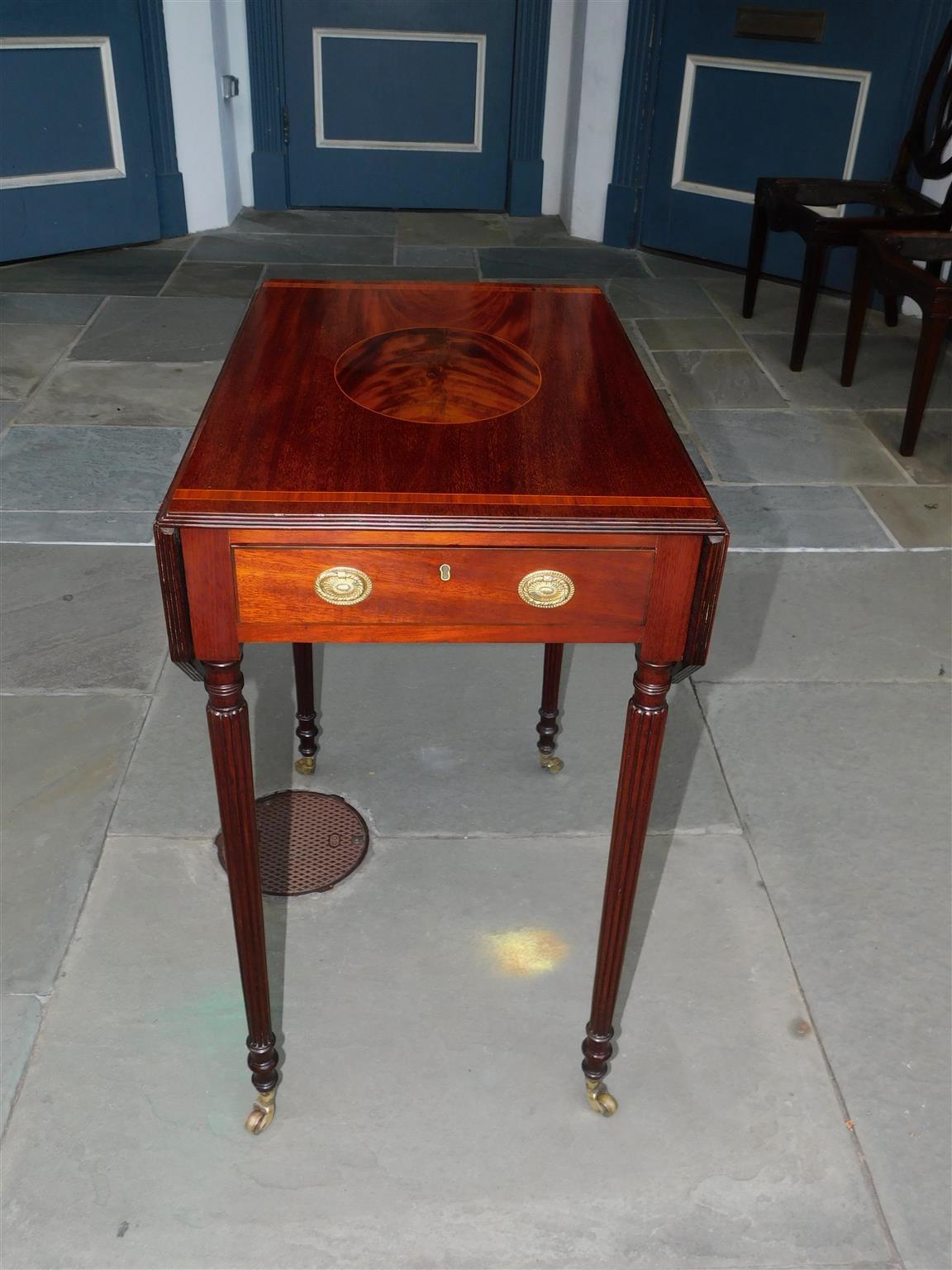 Hand-Carved English Regency Mahogany Tulip Inlaid Pembroke Table with Reeded Legs, C. 1800